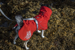 Hurtta Monsoon Coat ECO side profile highlights the wide belly flap for secure wear