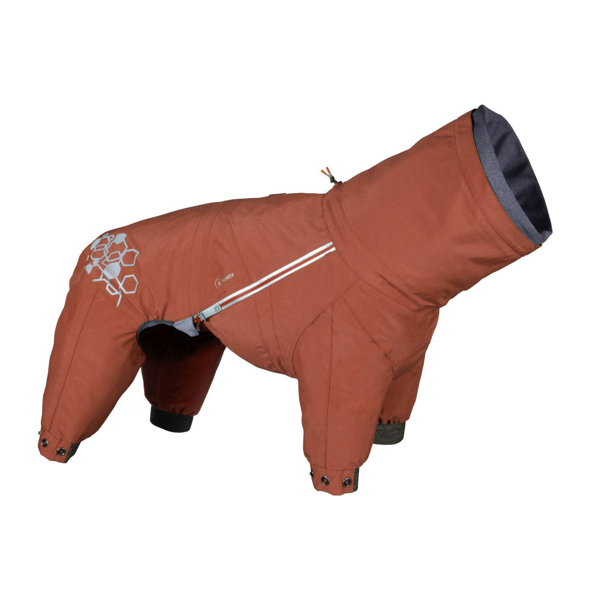 Hurtta Mudventure ECO Overall Cinnamon front view demonstrates weatherproof protection for rainy walks.