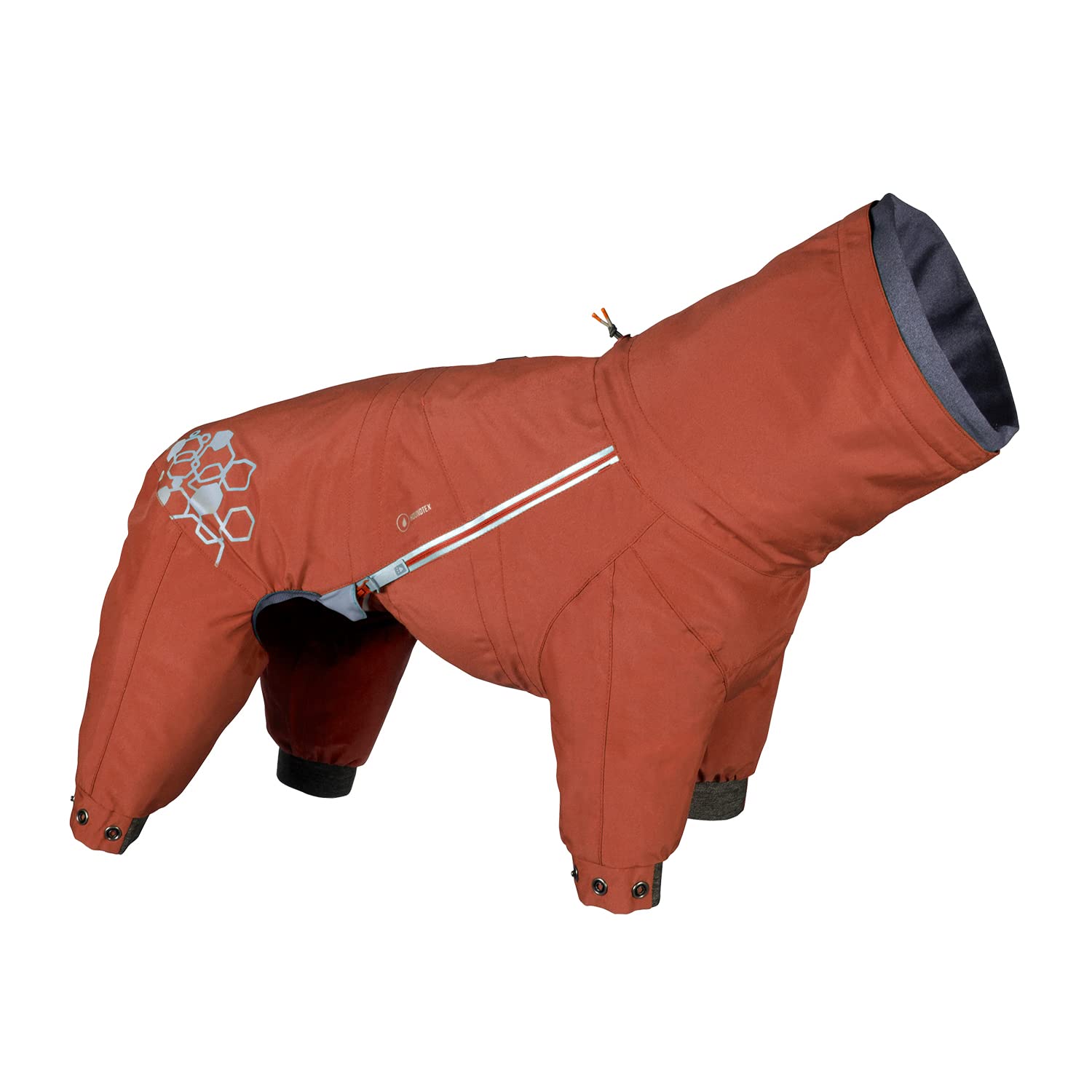 Hurtta Mudventure ECO overall cinnamon reflective prints boost safety at dawn and dusk