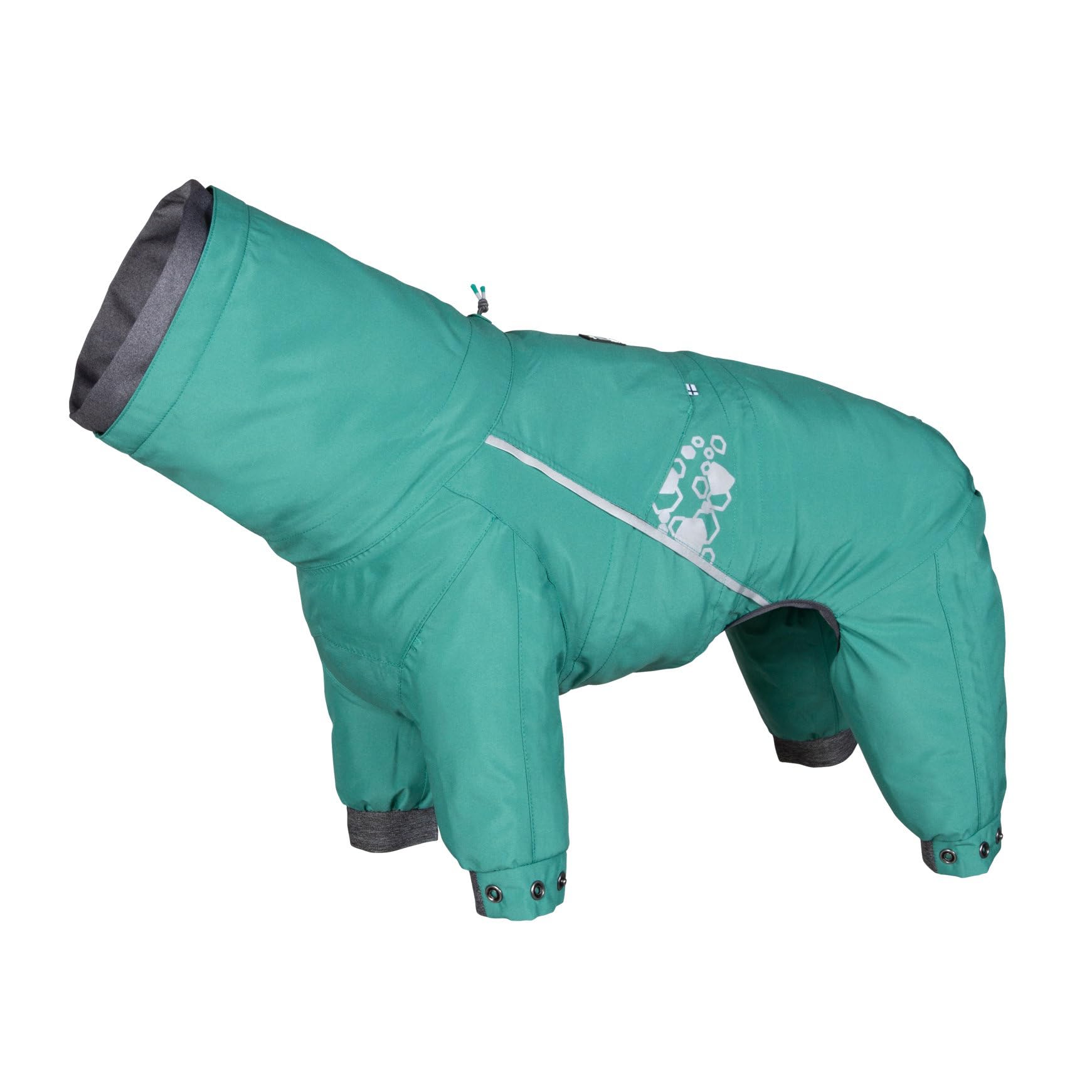 Hurtta Mudventure ECO Overall Peacock, back view, weatherproof protection in wet conditions.