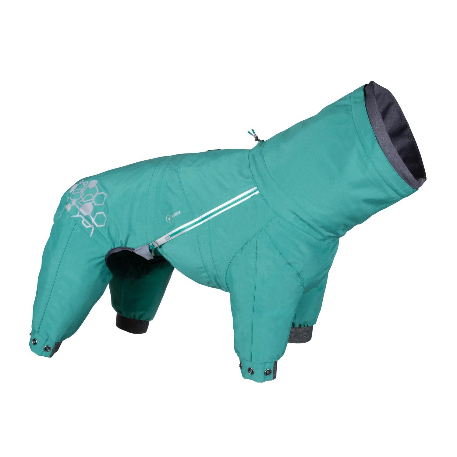 Hurtta Mudventure ECO Overall Peacock, front view, easy on/off with half-zip for outdoor adventures.