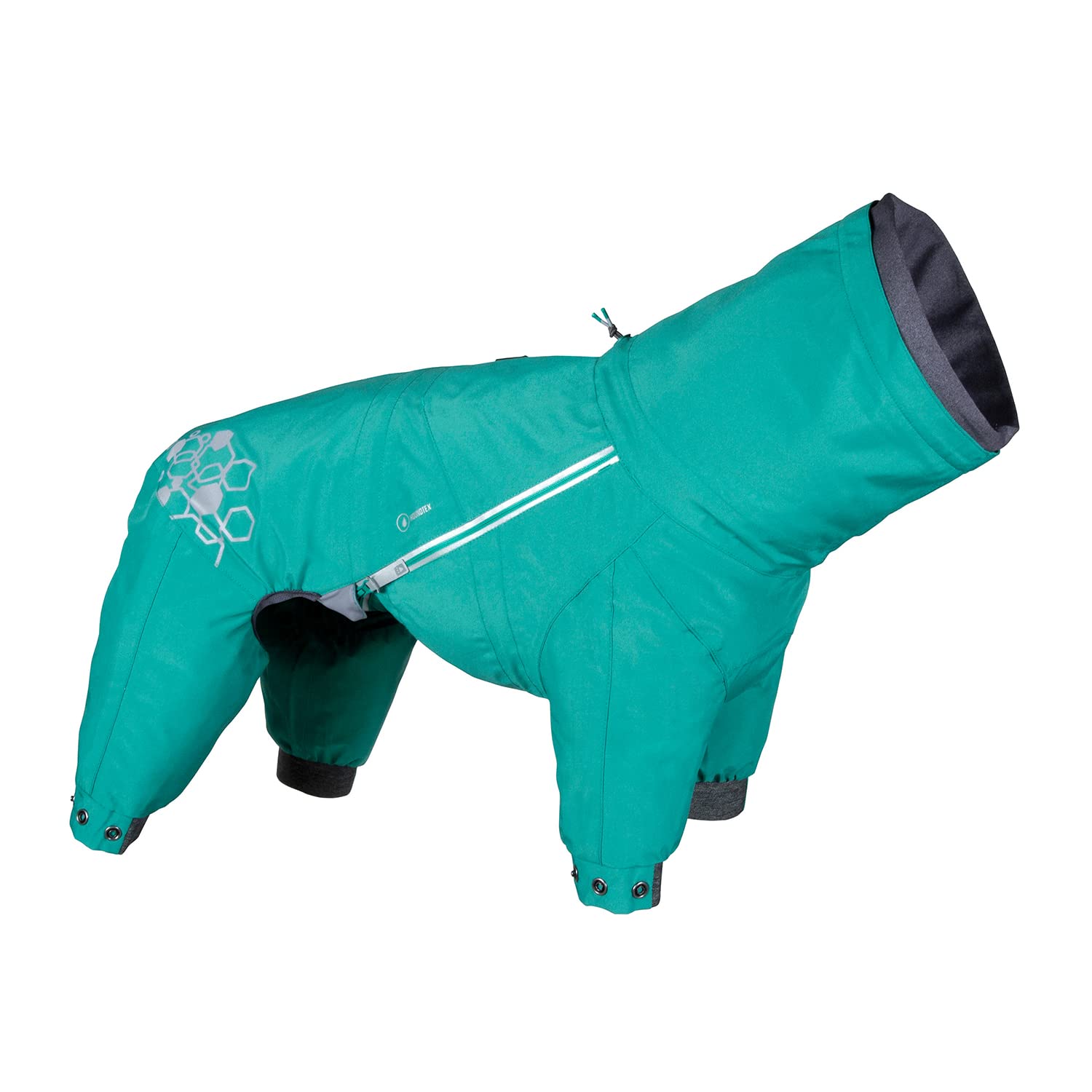 Hurtta Mudventure ECO Overall peacock front view for weather-ready protection.