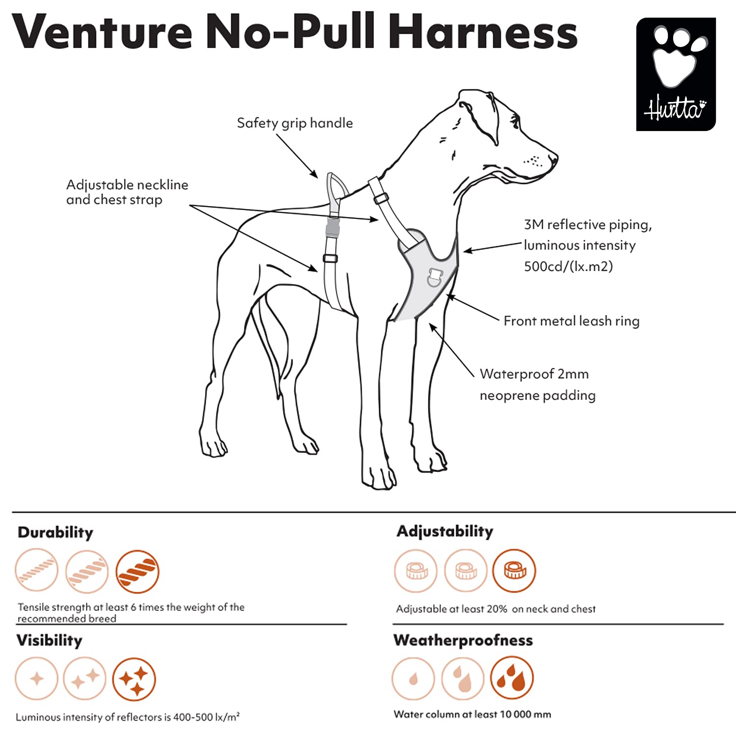 Hurtta Venture No-Pull Harness coral with dual chest buckles for easy on-off fitting.