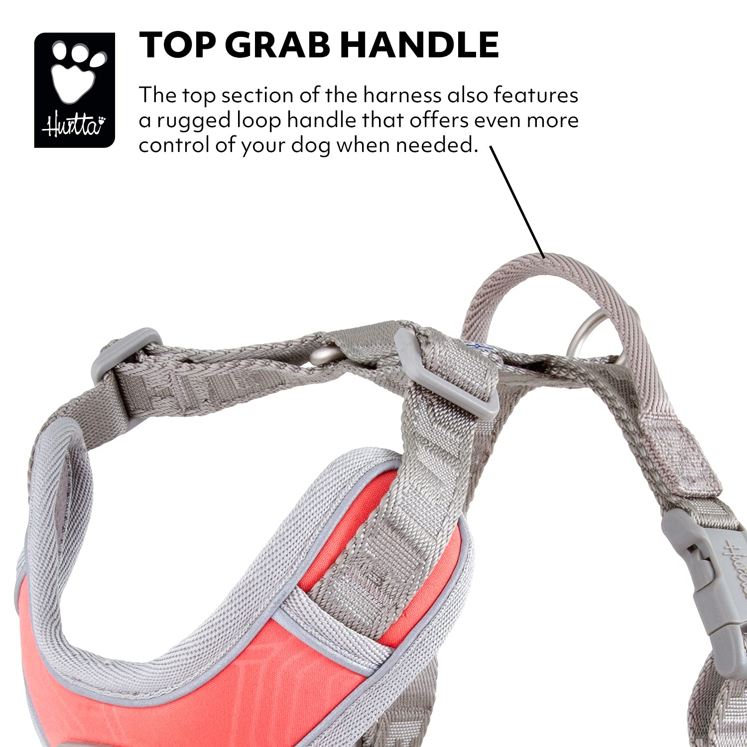 Hurtta Venture No-Pull Harness coral showing rugged loop handle for extra control.
