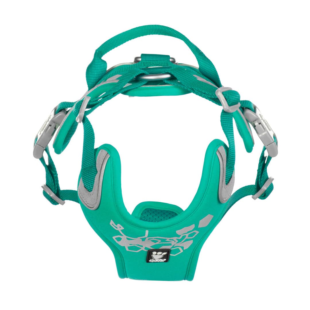 Hurtta Weekend Warrior harness Peacock 3M reflectors improve visibility during walks after dark.