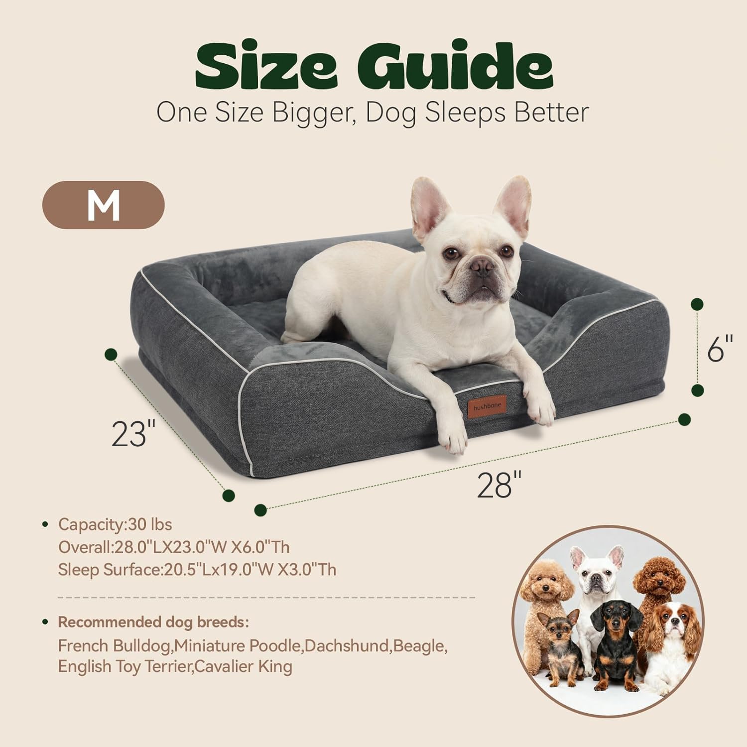 Hush Bone memory foam dog bed waterproof back layer protects against spills