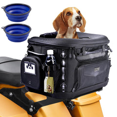 Hutexico motorcycle-dog-carrier side view shows universal fitment for Harley and Can-Am riders.