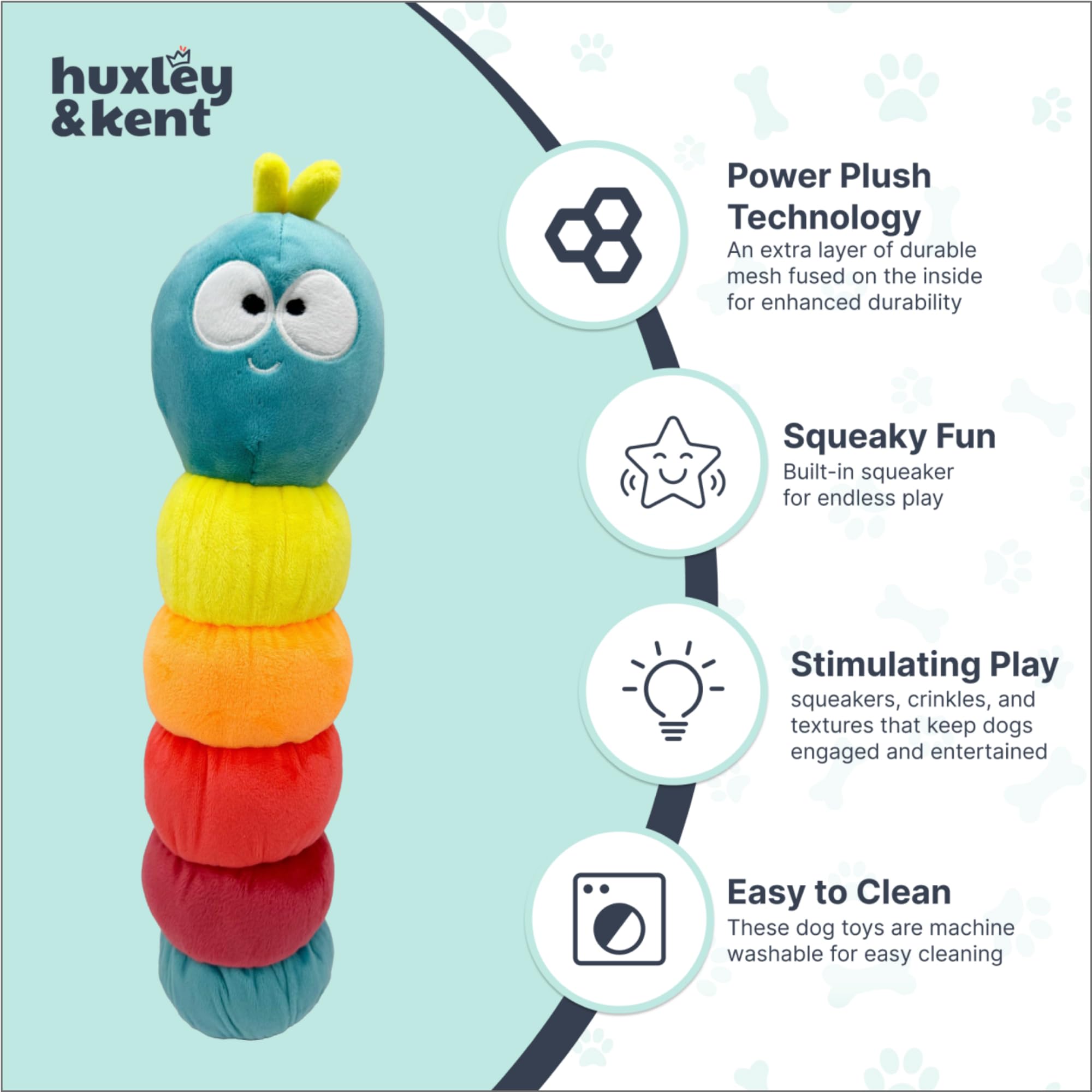 Huxley & Kent Power Plush Caterpillar crinkle sound enhances excitement.