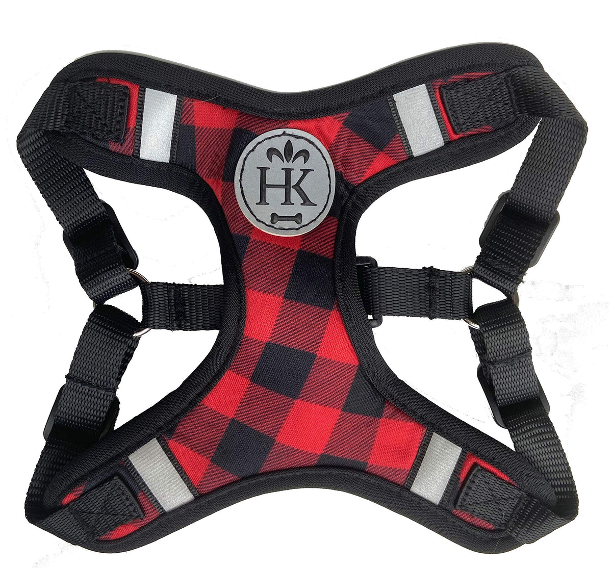 Huxley & Kent Scout LoPro harness front view on buffalo check fabric for secure daily walks.
