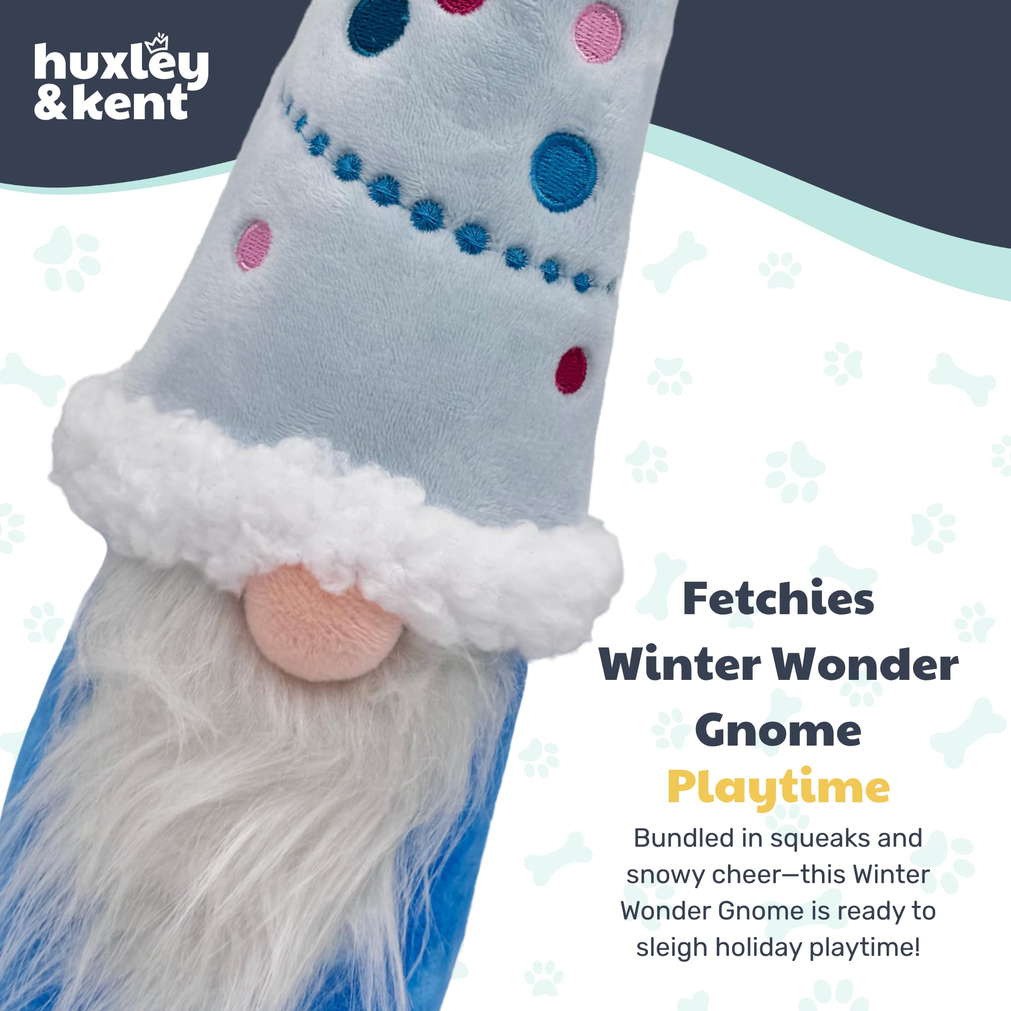 Huxley & Kent Winter Wonder Gnome dog fetching with plush toy