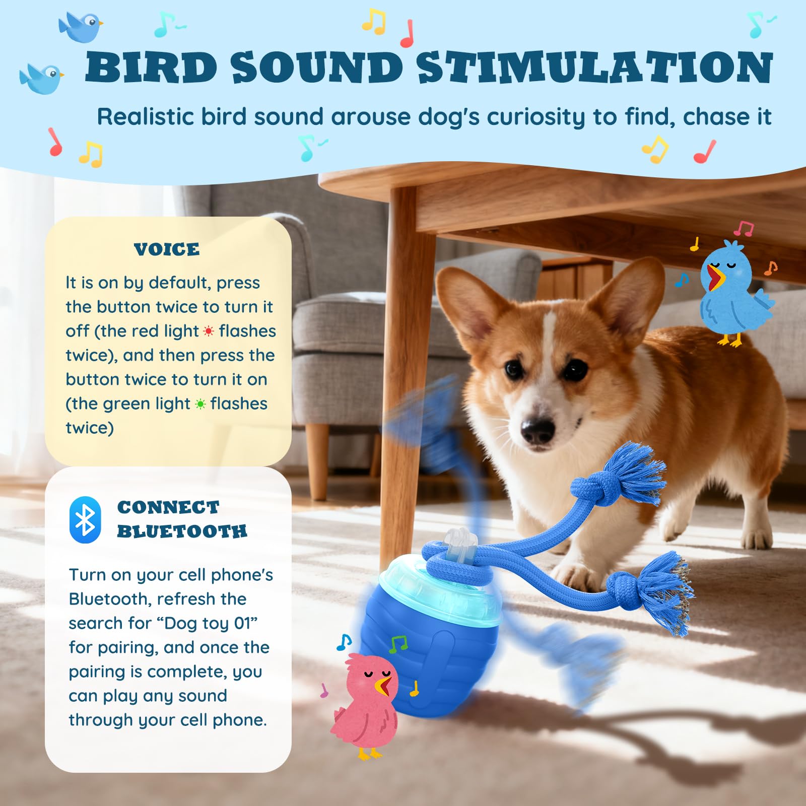 HVUATQ dog ball blue Bluetooth setup lets you customize sounds and music.