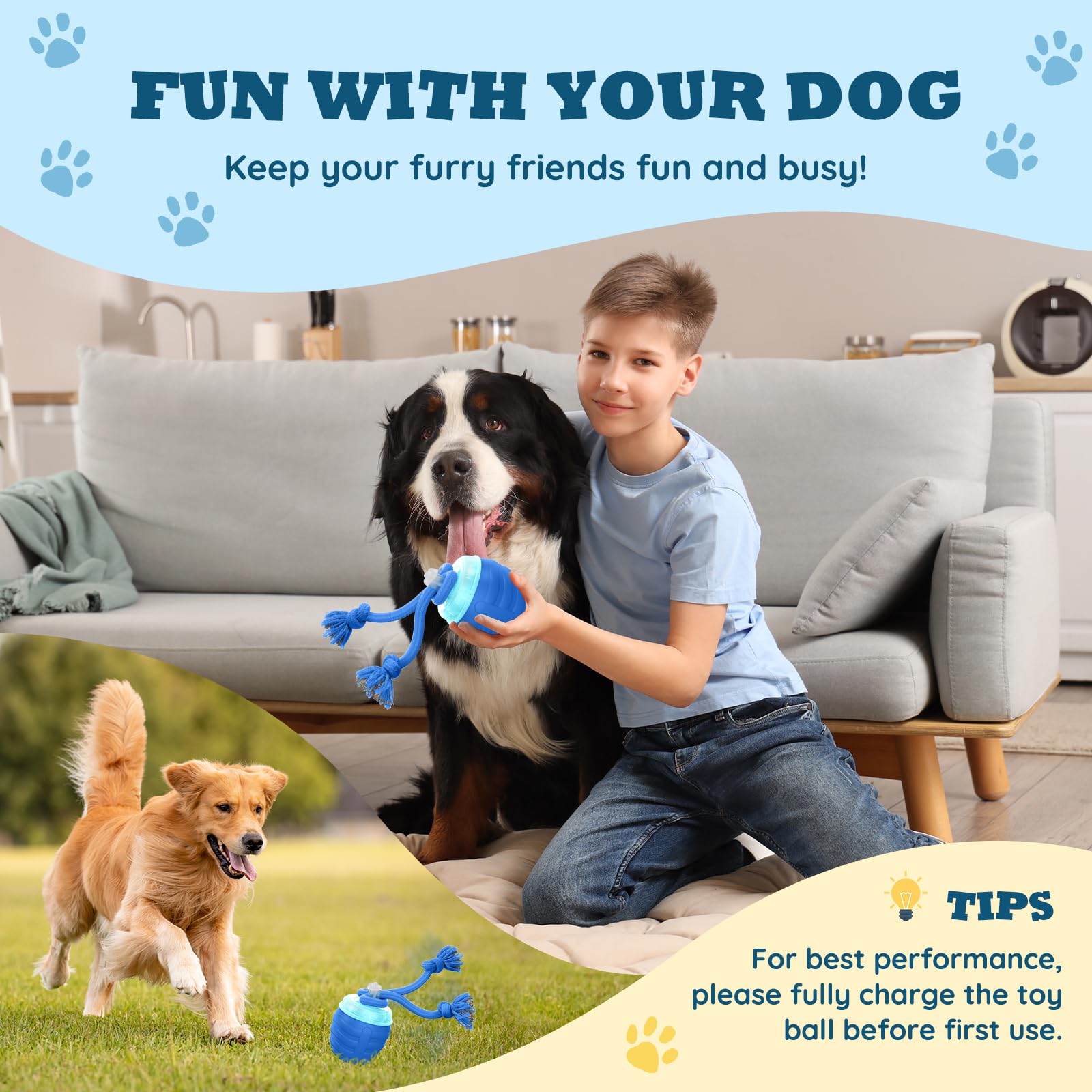 HVUATQ dog ball blue side view showcases motion with versatile indoor-outdoor use.