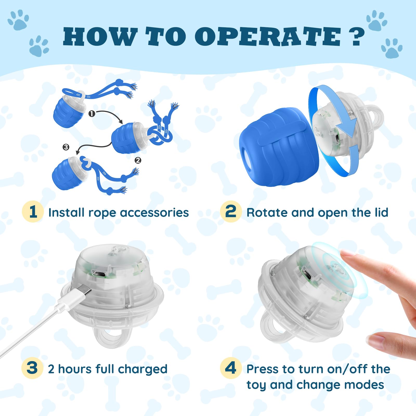HVUATQ dog ball blue USB-C charging keeps playtime ready without disposable batteries.