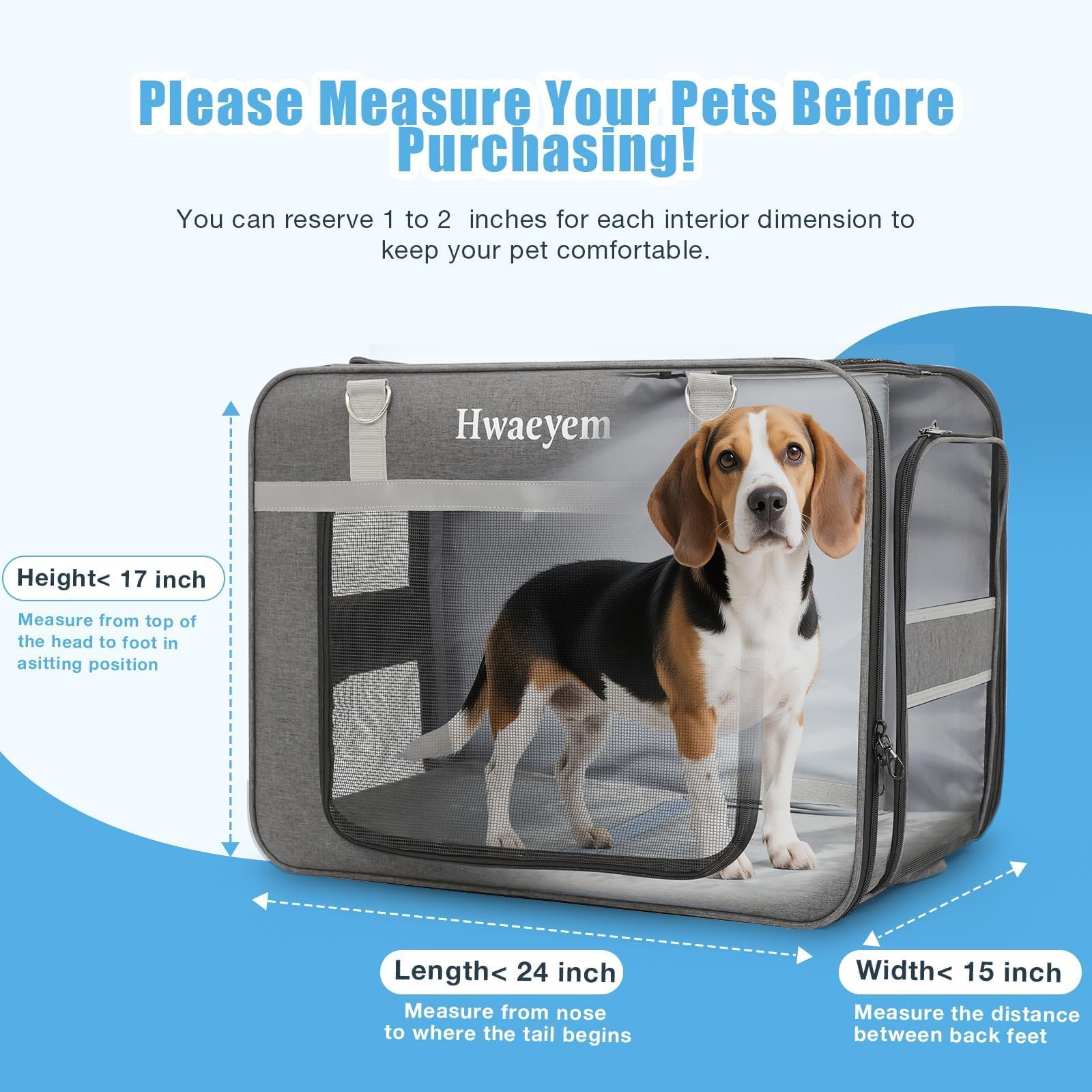HWAEYEM extra large pet carrier wheels side view enables smooth car journeys.