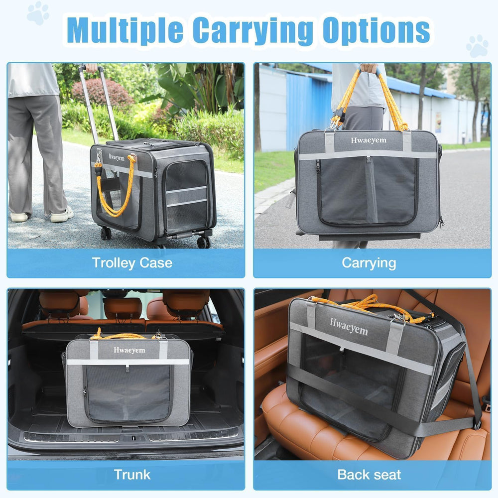 HWAEYEM pet carrier side pockets hold essentials during travel.