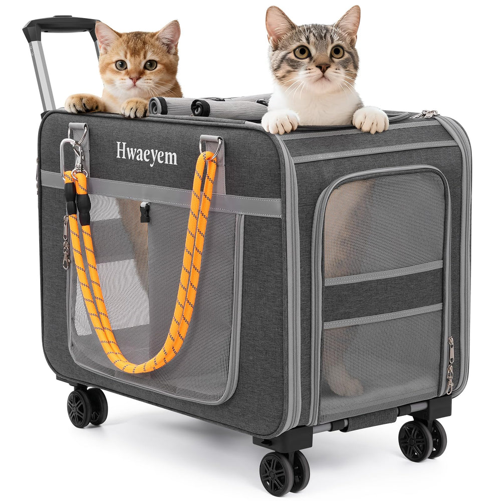 HWAEYEM extra-large cat carrier with wheels front view highlights easy multi-pet transport
