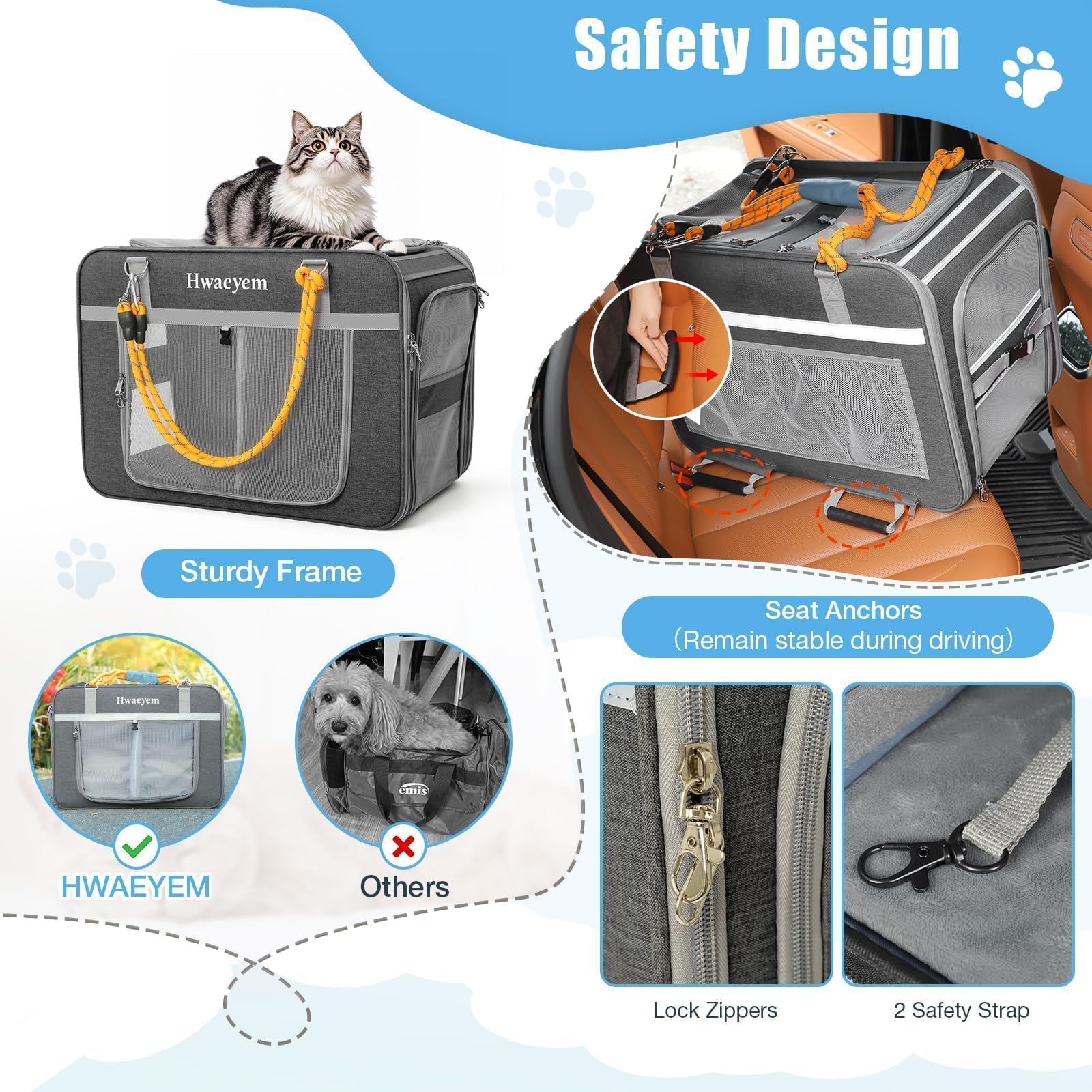 HWAEYEM side-pocket storage image illustrates convenient pet essentials organization