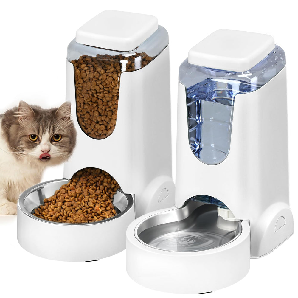 HWONMTE automatic feeder and water dispenser setup for pets with gravity feed.