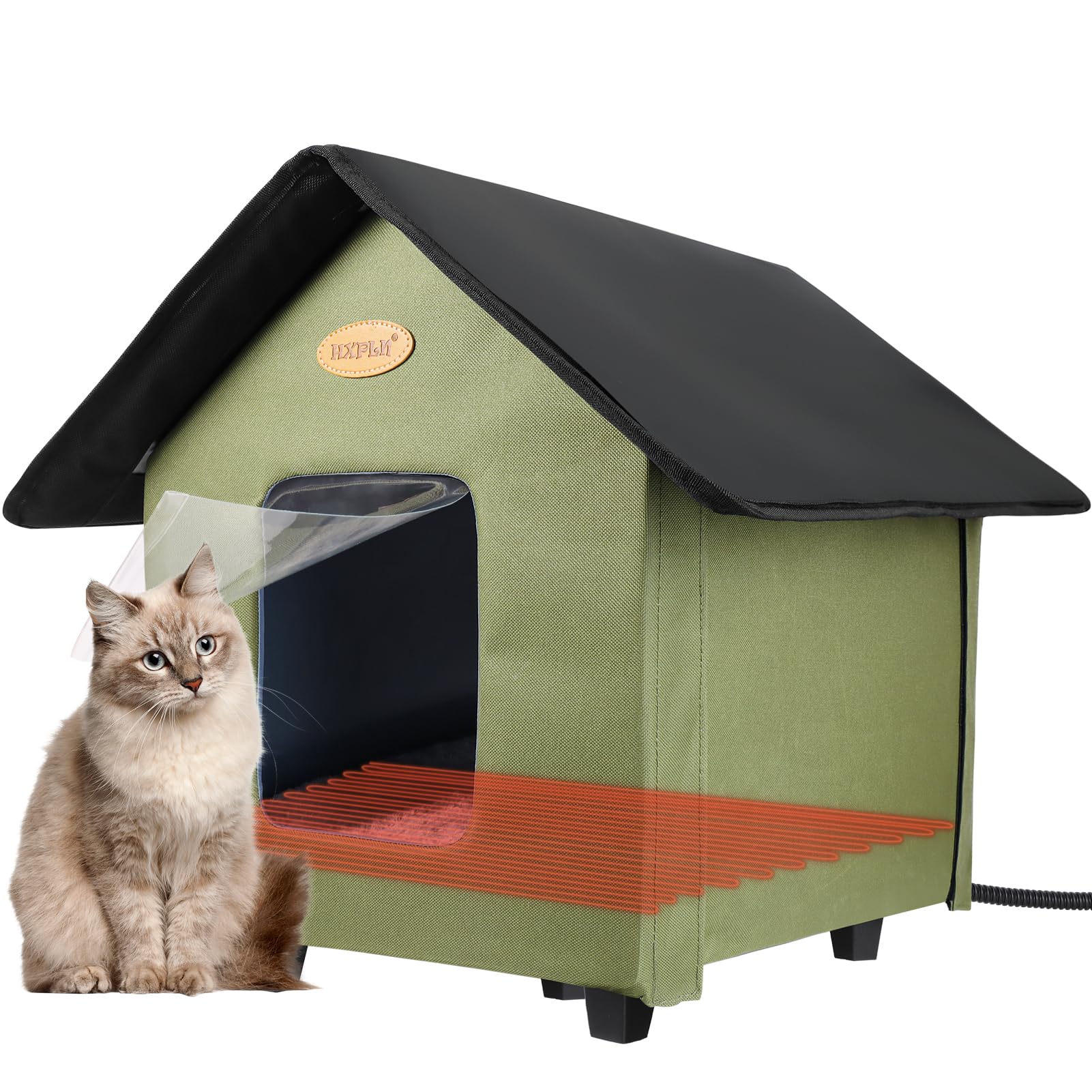 HXPLN heated cat house green front view highlights winter-ready shelter for outdoor cats