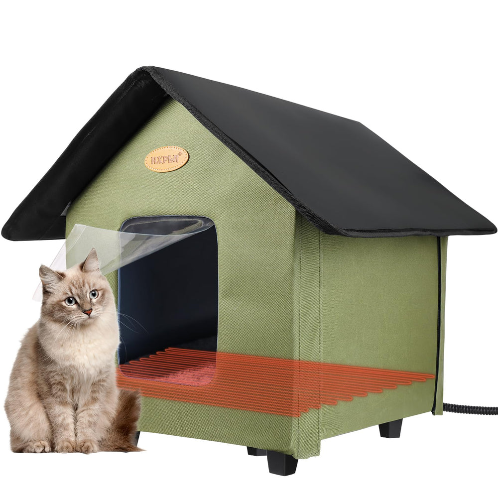 HXPLN heated cat house green front view highlights winter-ready shelter for outdoor cats