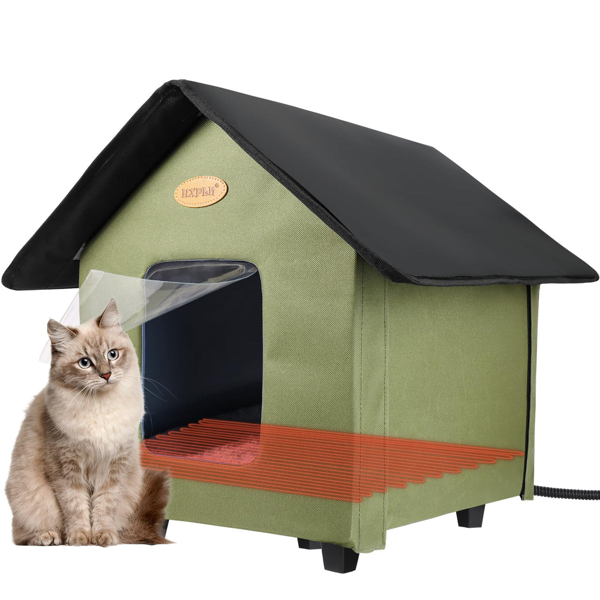 HXPLN heated cat house green front view highlights winter-ready shelter for outdoor cats