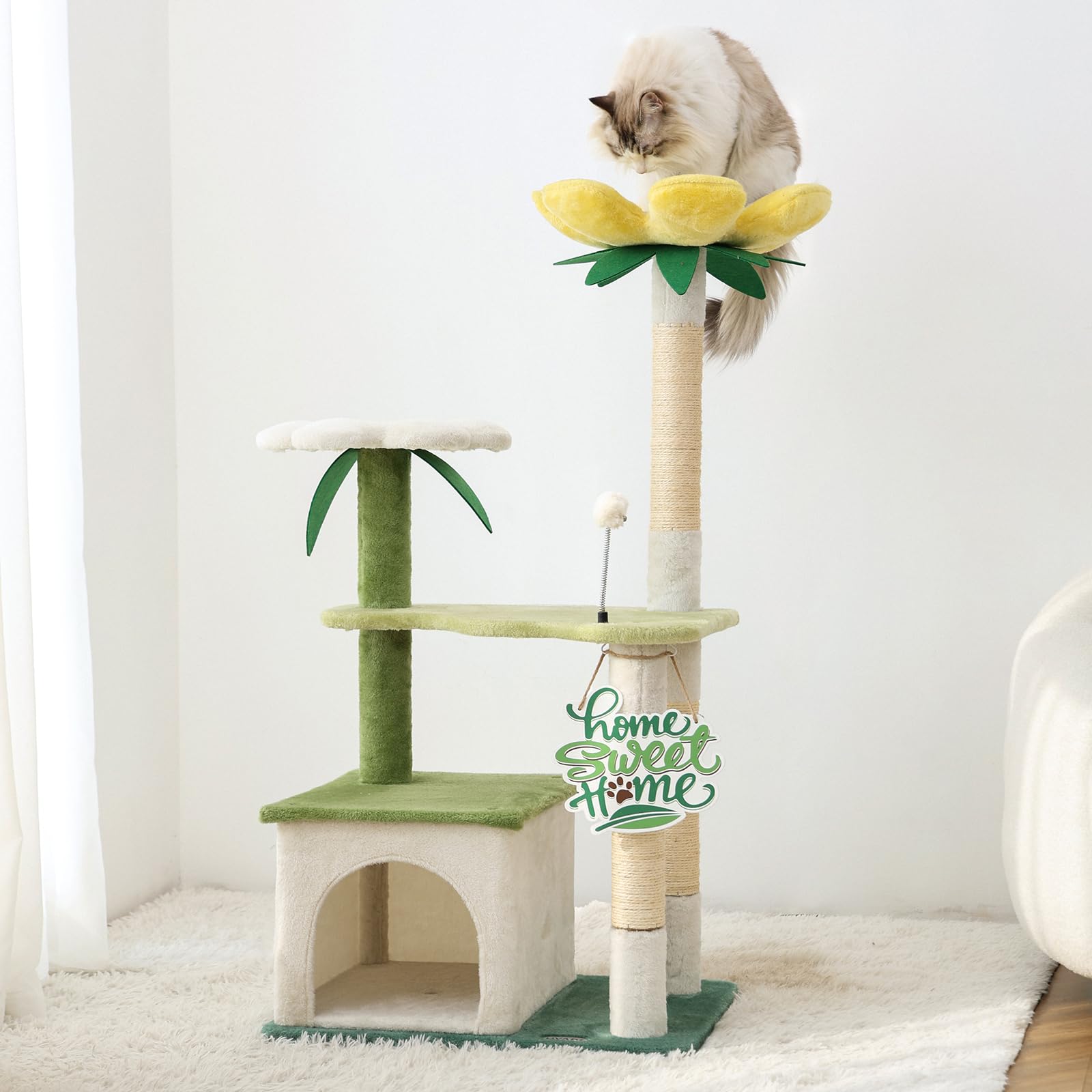 HYABI avocado cat tree assembly shows quick setup for living room space