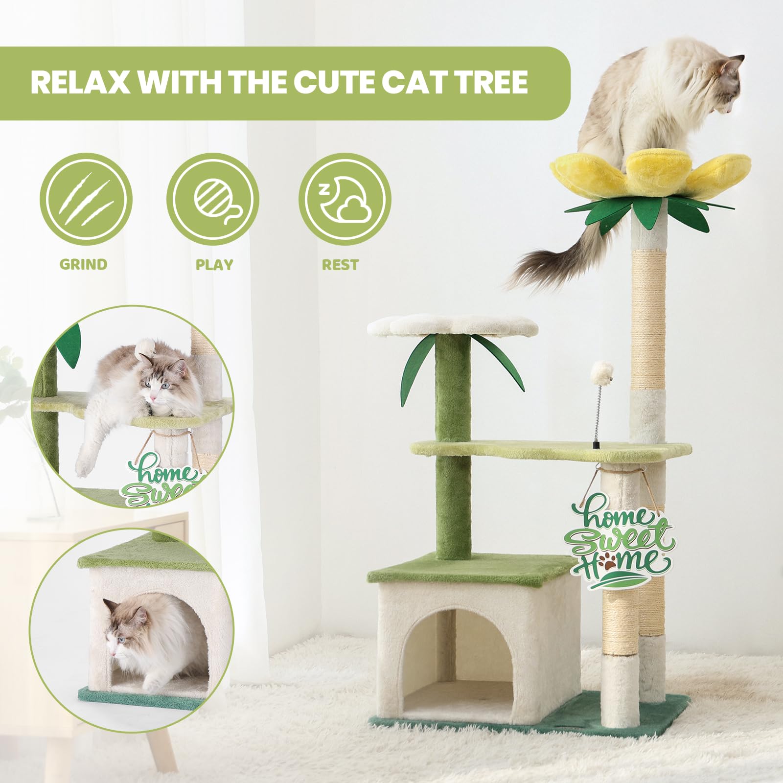 HYABI avocado cat tree plush ball engages interactive play