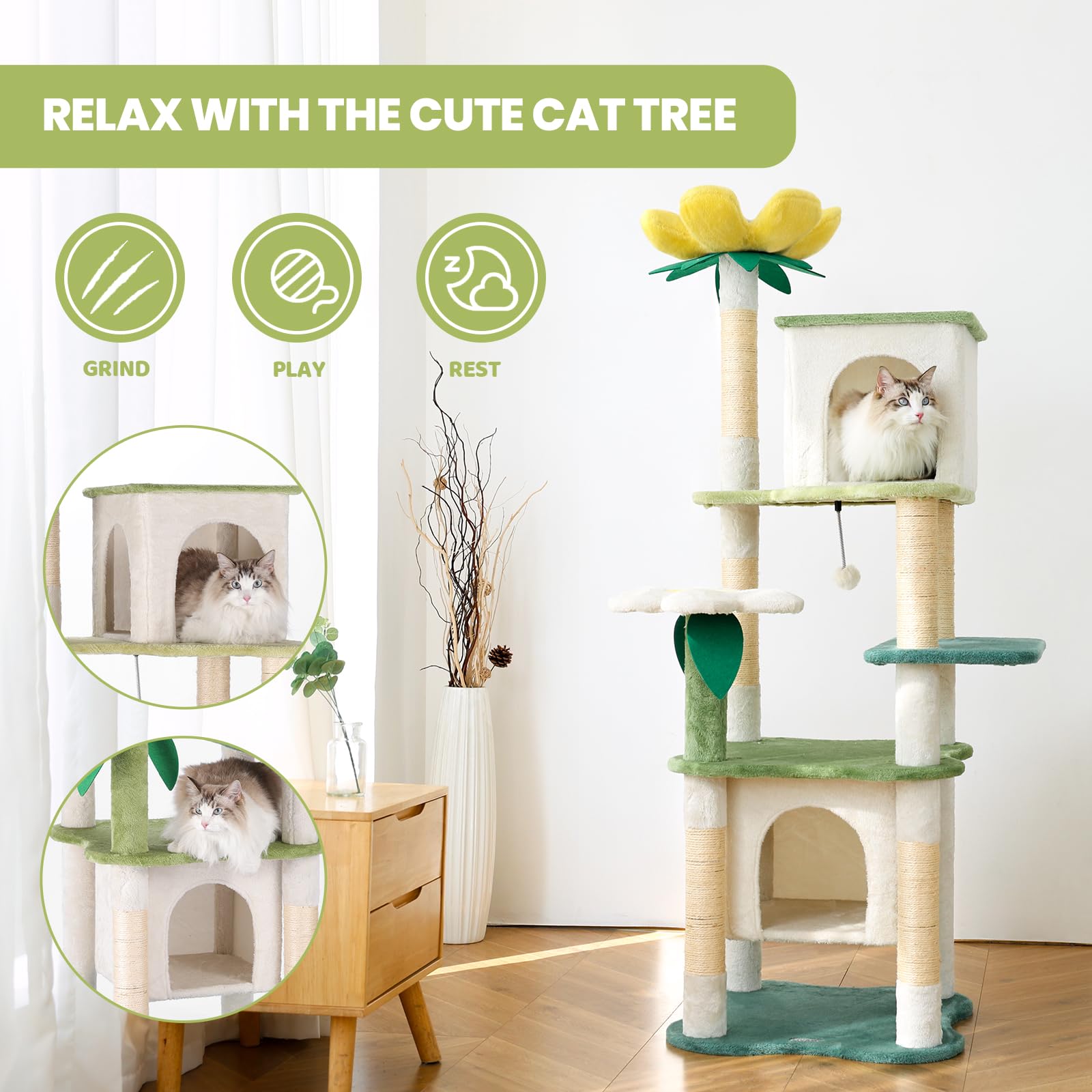 HYABI avocado flower cat tree multi-level structure invites climbing and exploration.