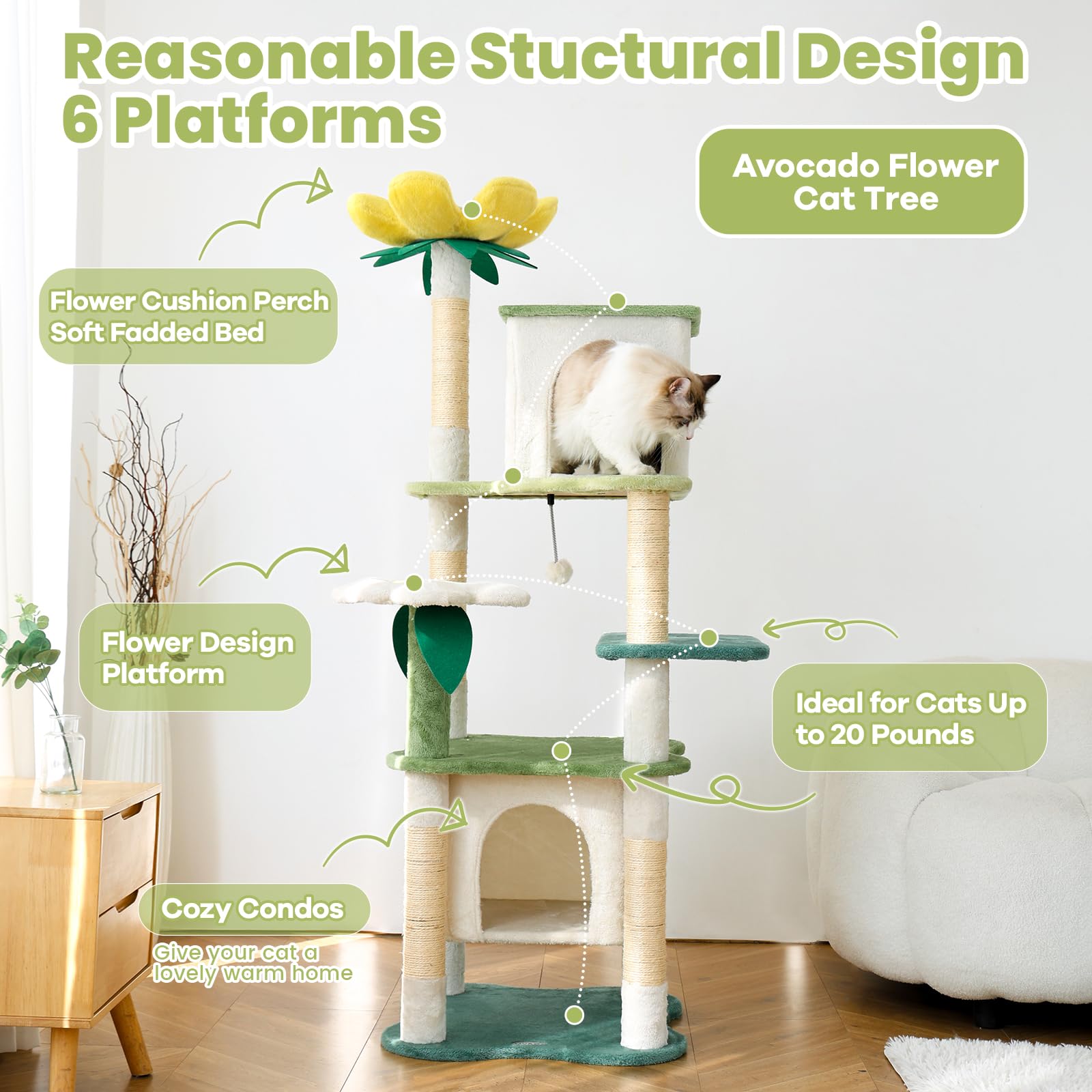 HYABI avocado flower cat tree side view shows sturdy base and stability for energetic cats.