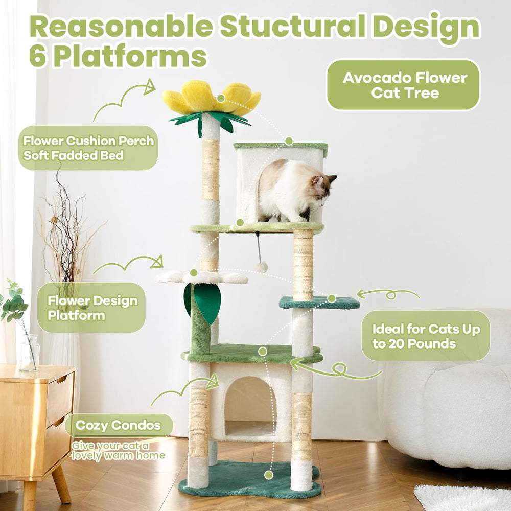 HYABI avocado flower cat tree side view shows sturdy base and stability for energetic cats.