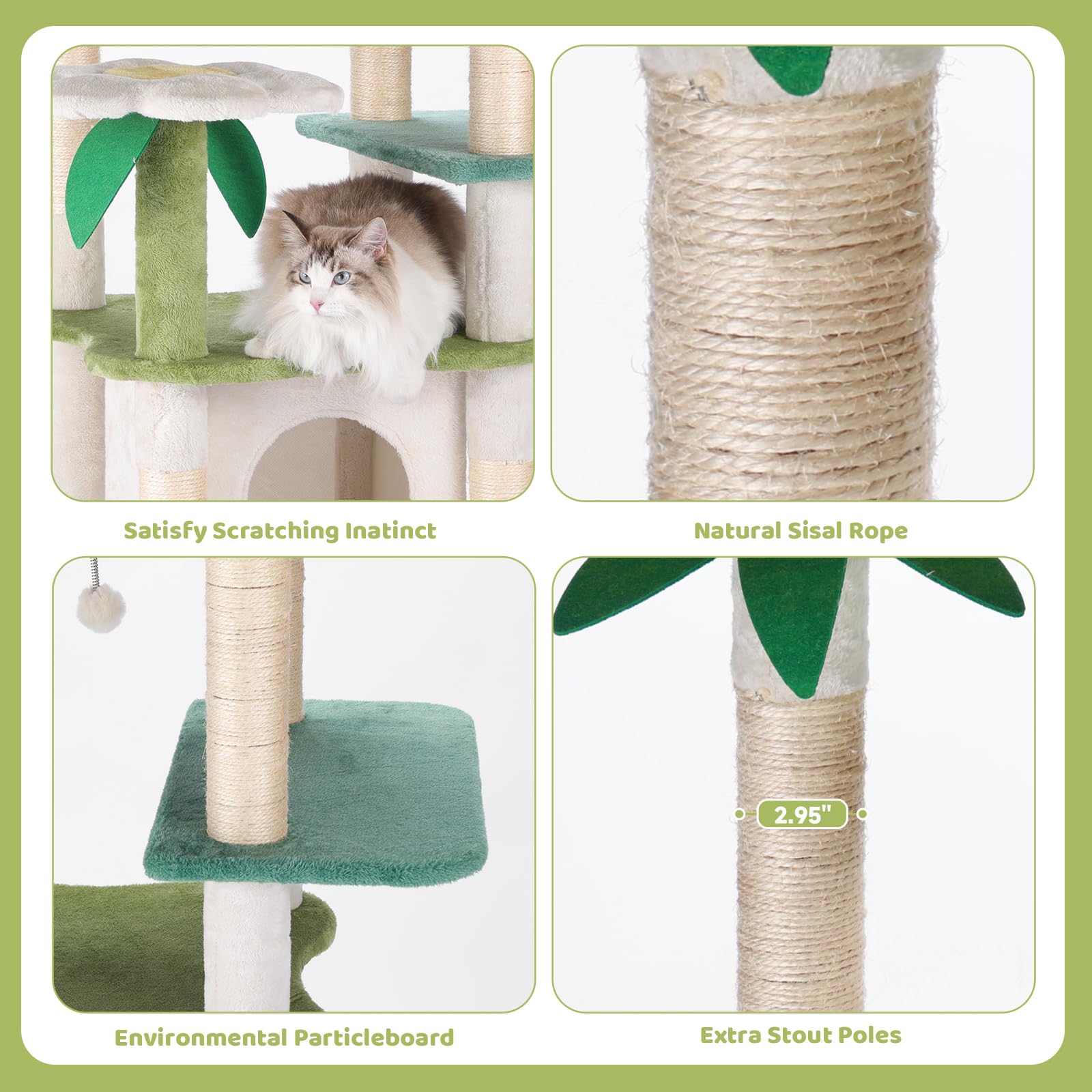HYABI avocado flower cat tree sisal posts resist scratching while protecting furniture.