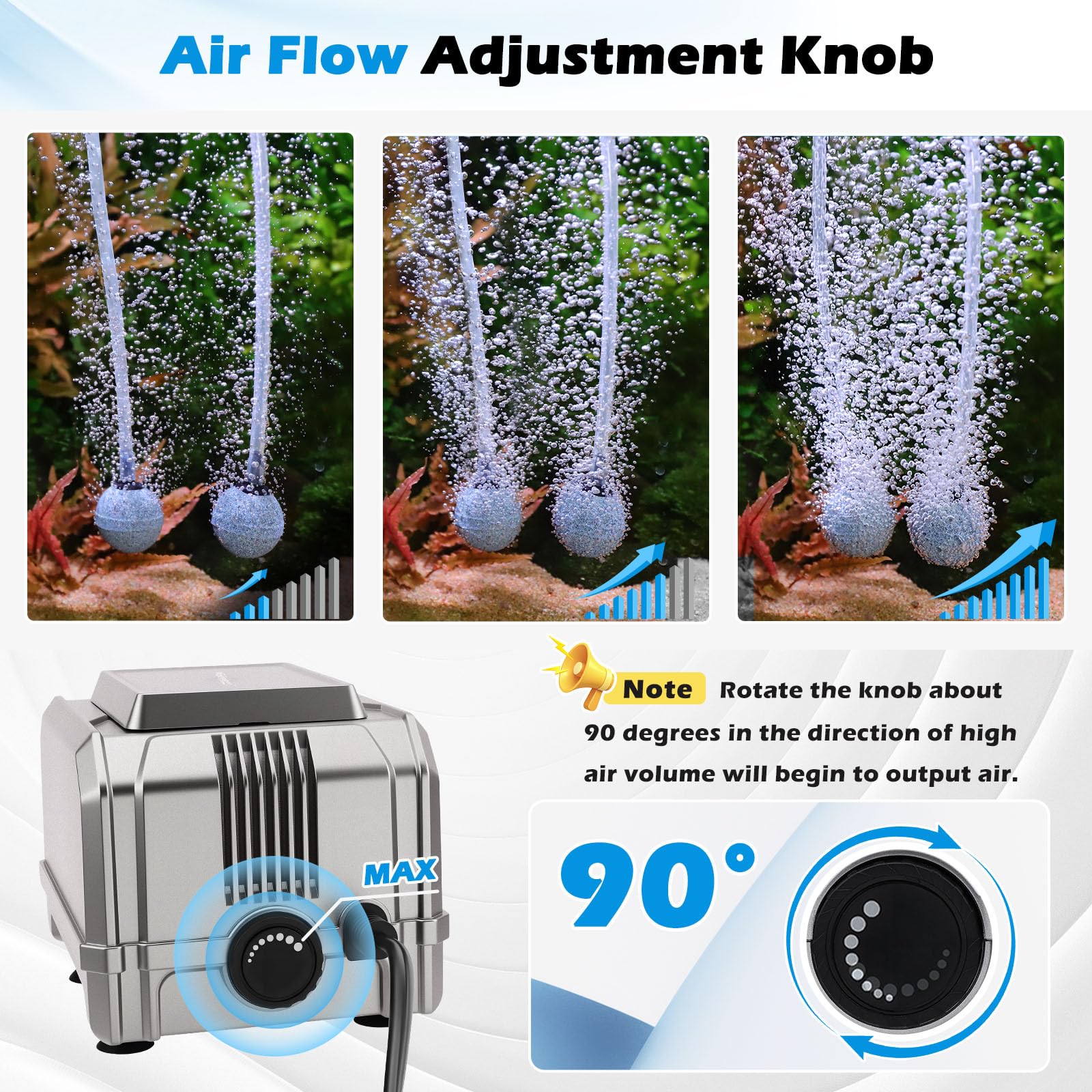 Hygger 5W aquarium air pump dual outlets evenly distributing air across tanks