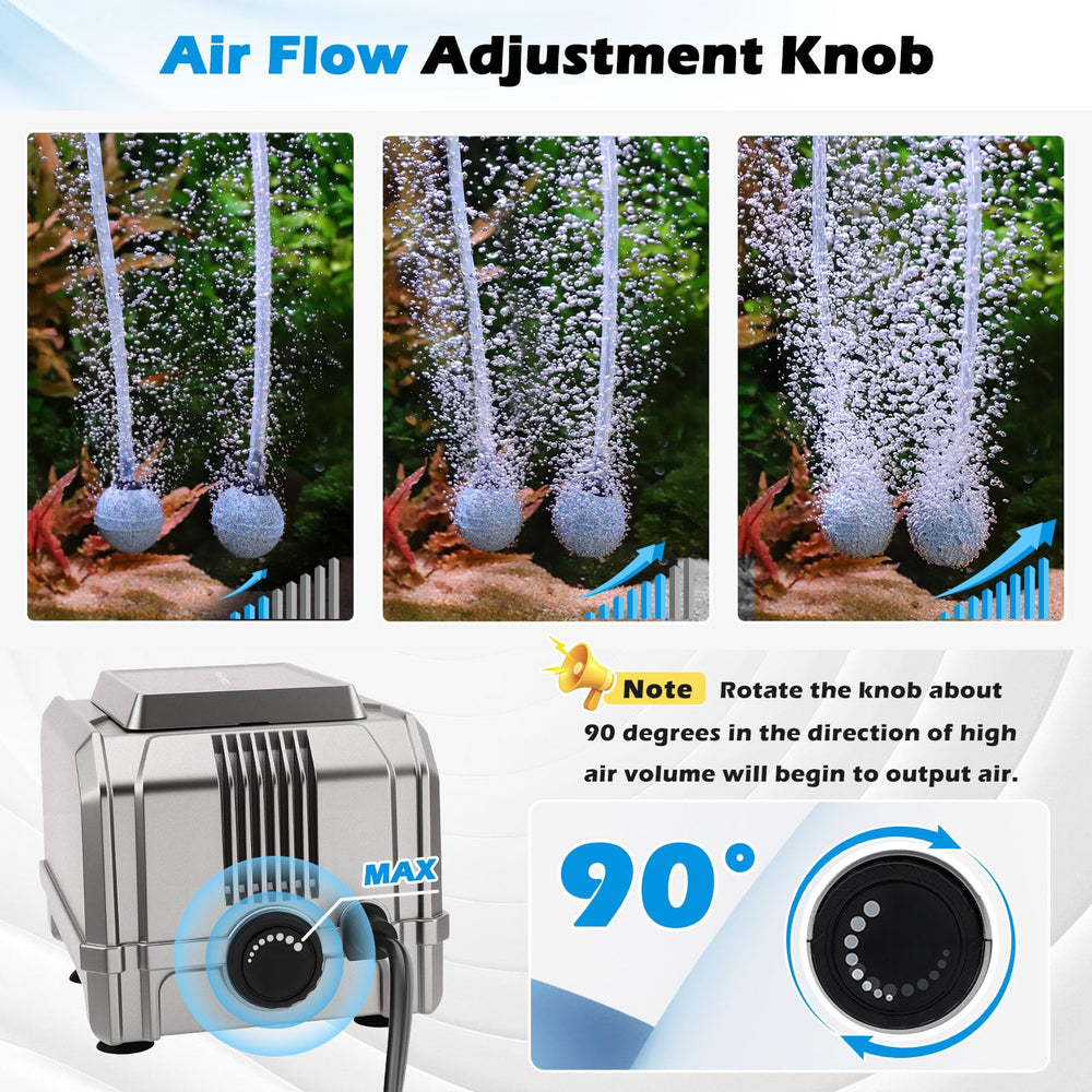 Hygger 5W aquarium air pump dual outlets evenly distributing air across tanks