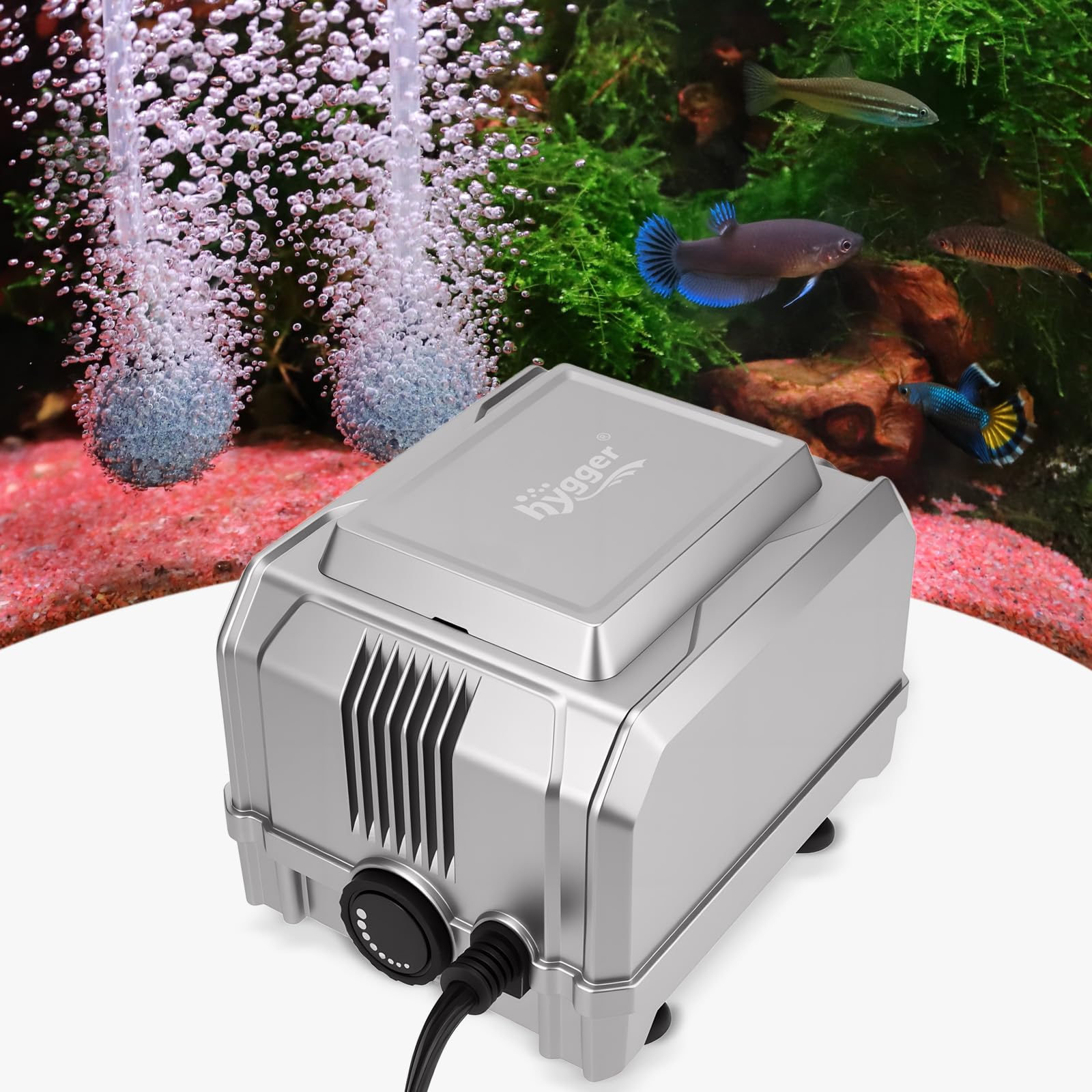 Hygger 5W aquarium air pump front view showing compact design and dual outlets for reliable aeration
