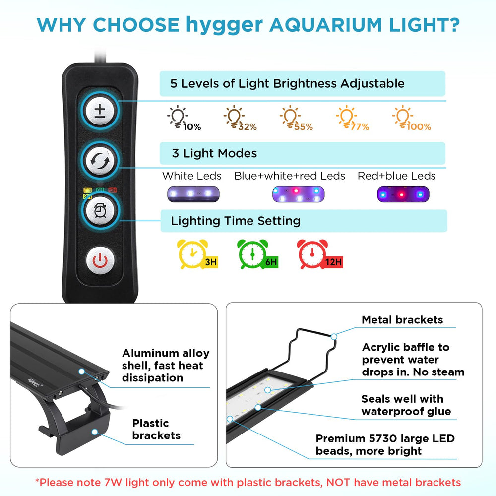 hygger 7W light with extendable brackets fits rimmed or rimless tanks for easy setup.