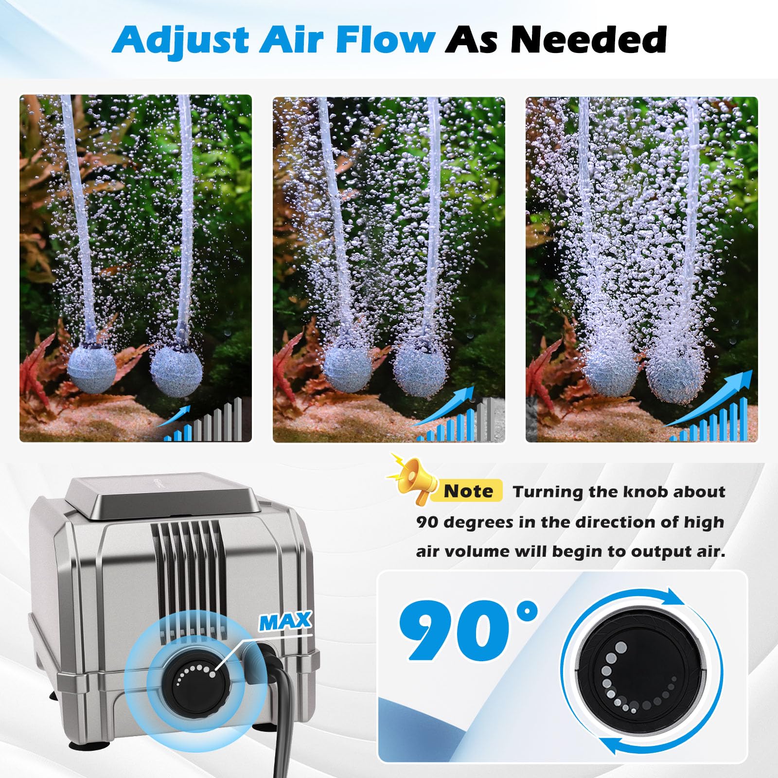 Hygger 8W adjustable flow knob enables customizable oxygenation for efficient aeration.