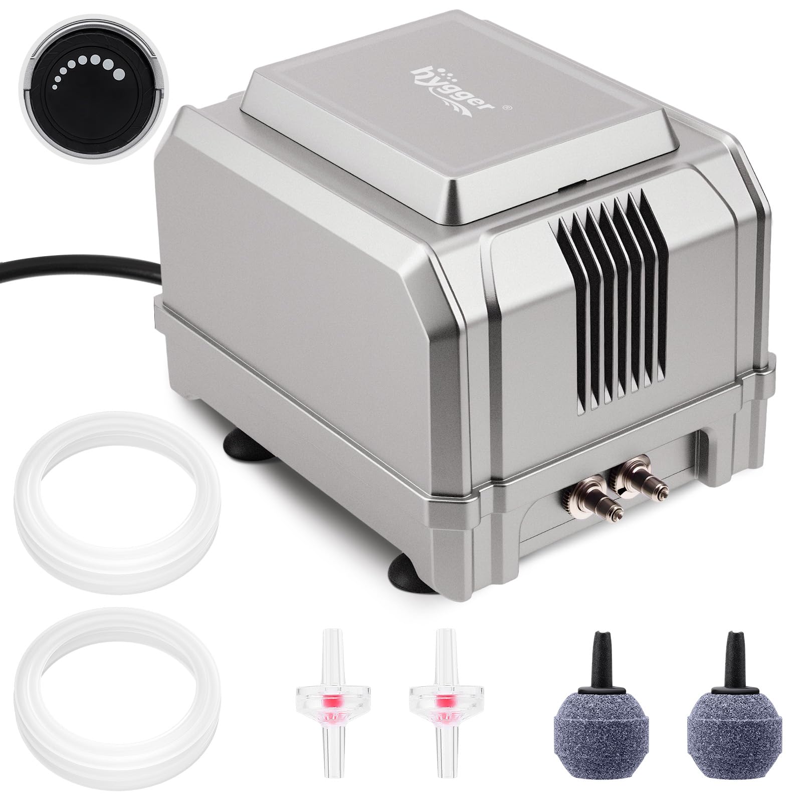 Hygger 8W aquarium air pump front view for space-saving freshwater setups.