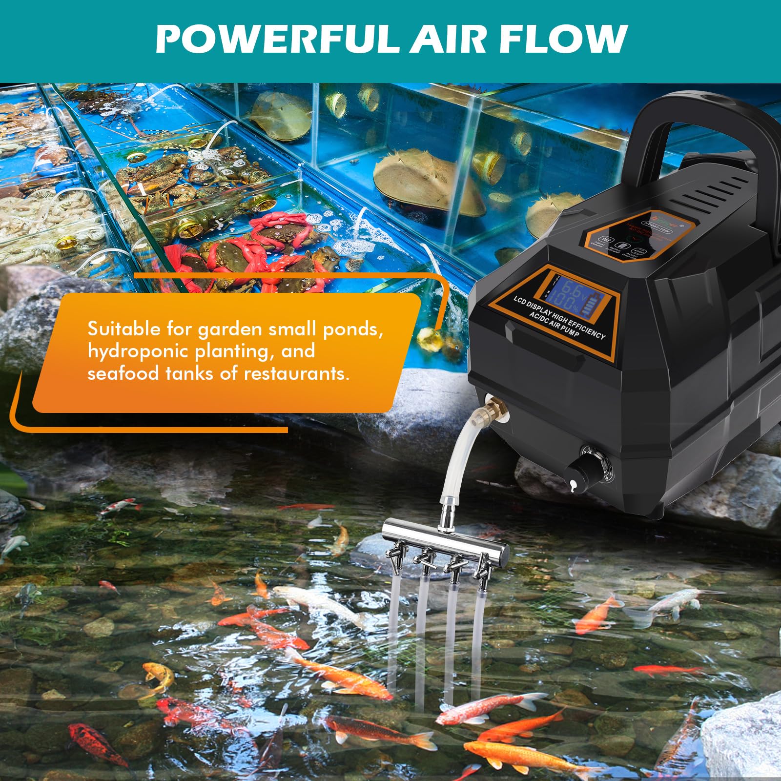 hygger air pump battery status LCD display clearly shows voltage and battery level for easy power monitoring.