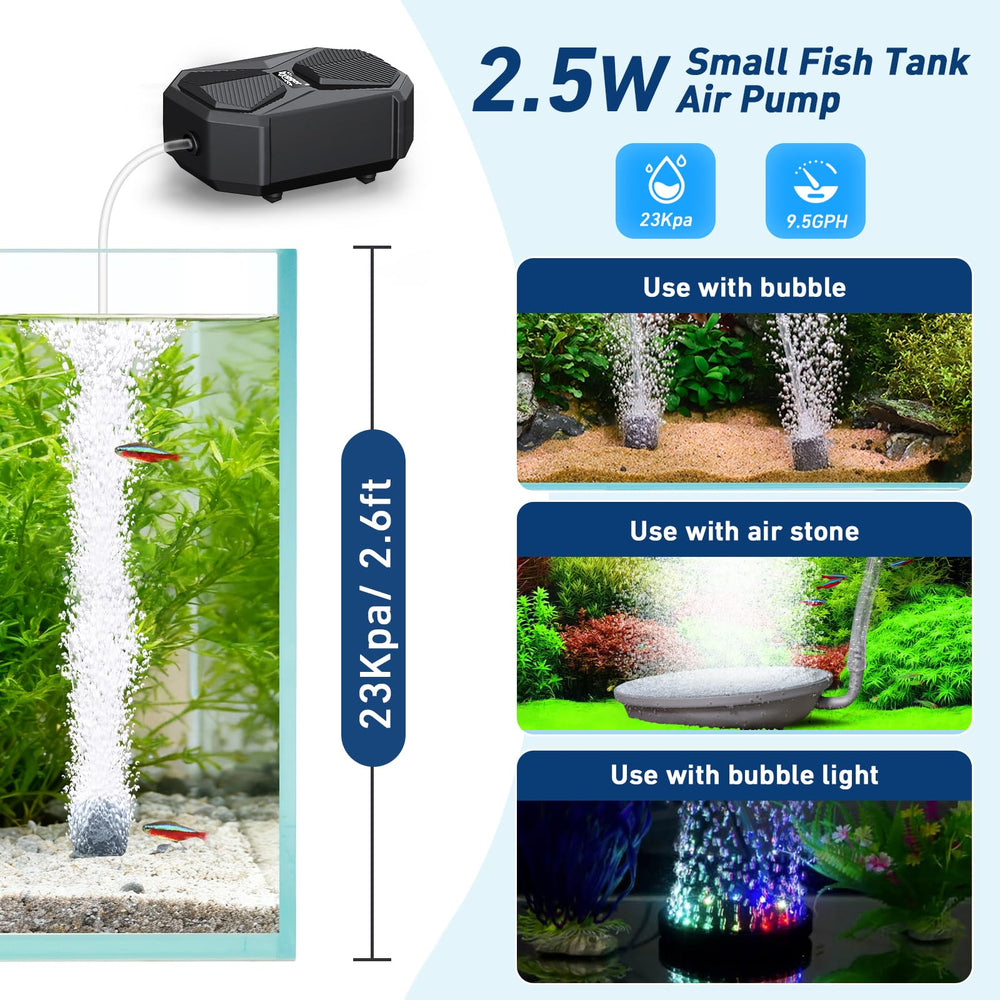 Hygger single-outlet air pump provides steady oxygenation for small tanks.