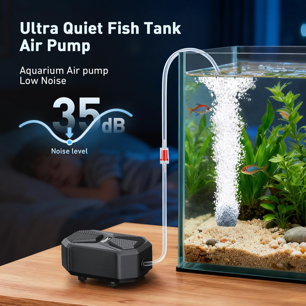 Hygger air pump delivers ultra-quiet operation ideal for bedroom or living room placement.
