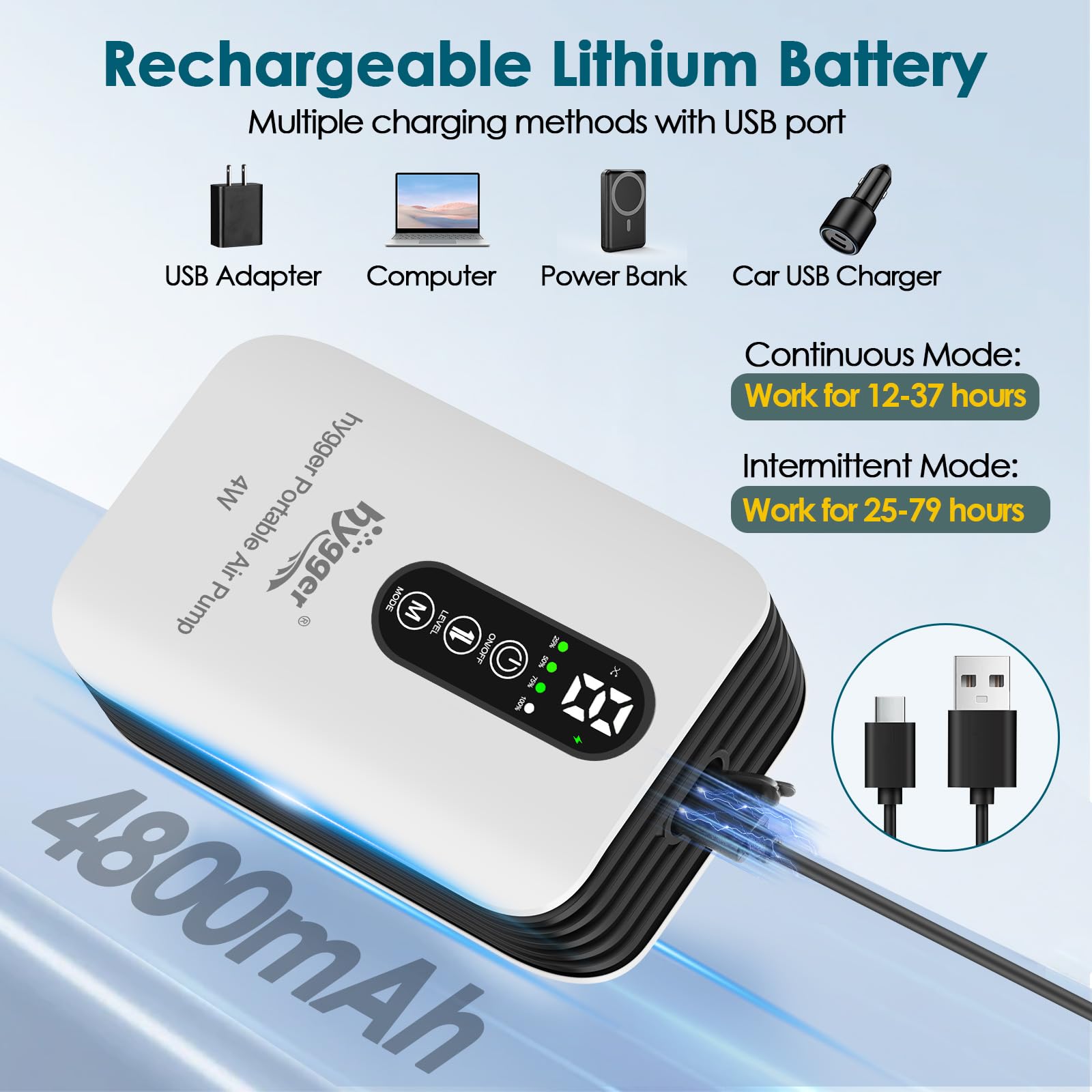 hygger battery-powered air pump USB charging port for easy recharges