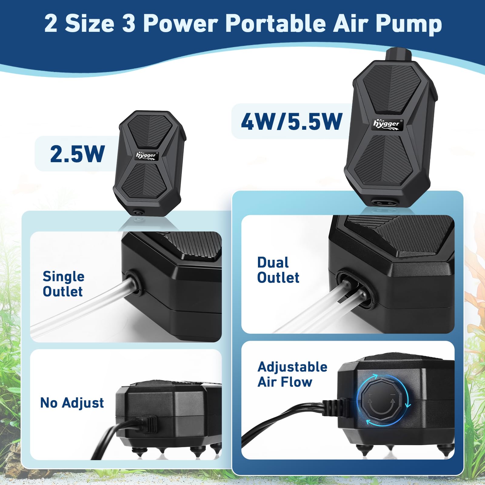 Hygger air stone connected to pump enhances aquarium aeration.