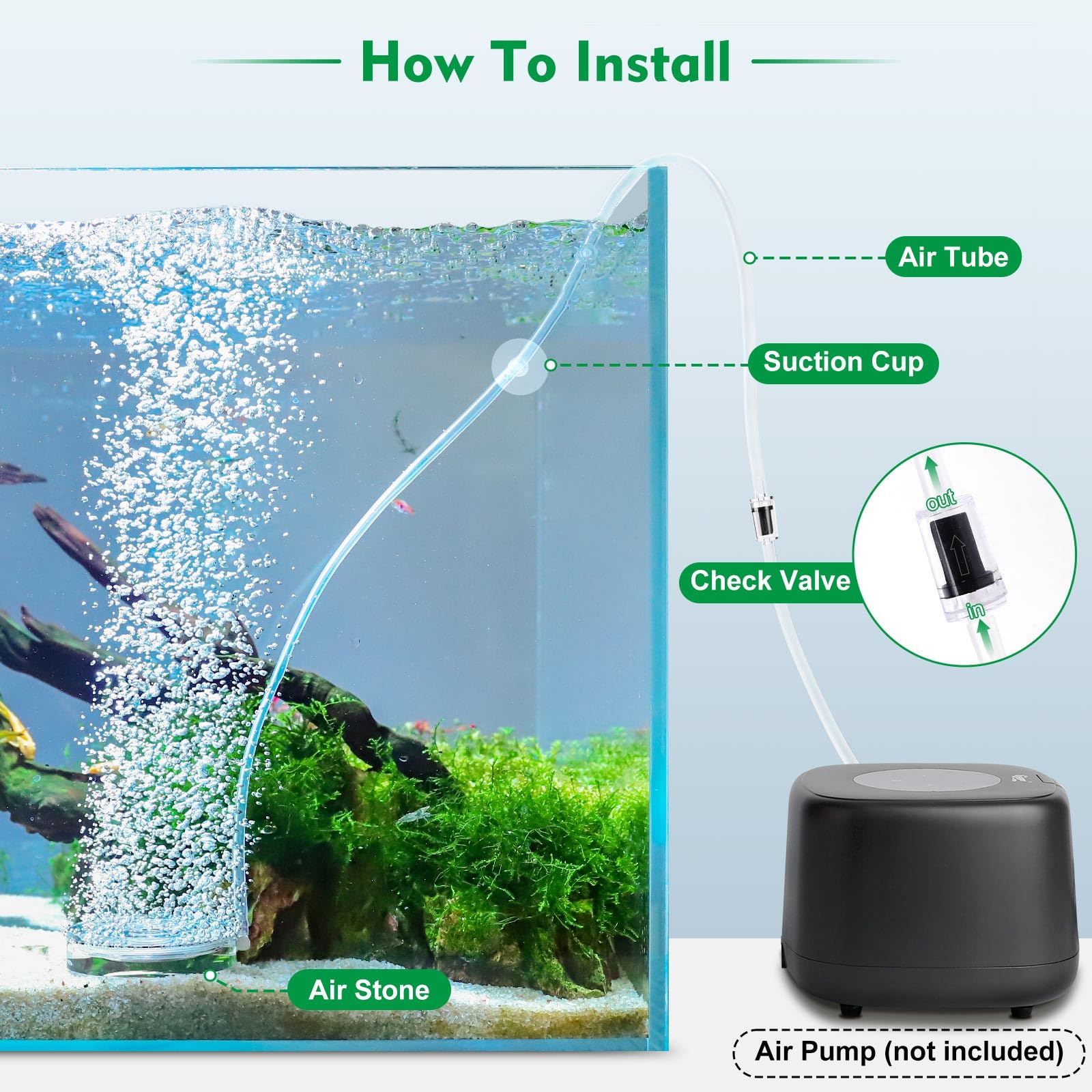 Hygger air stones aquarium-pack includes tube, suction cup, and pliers.