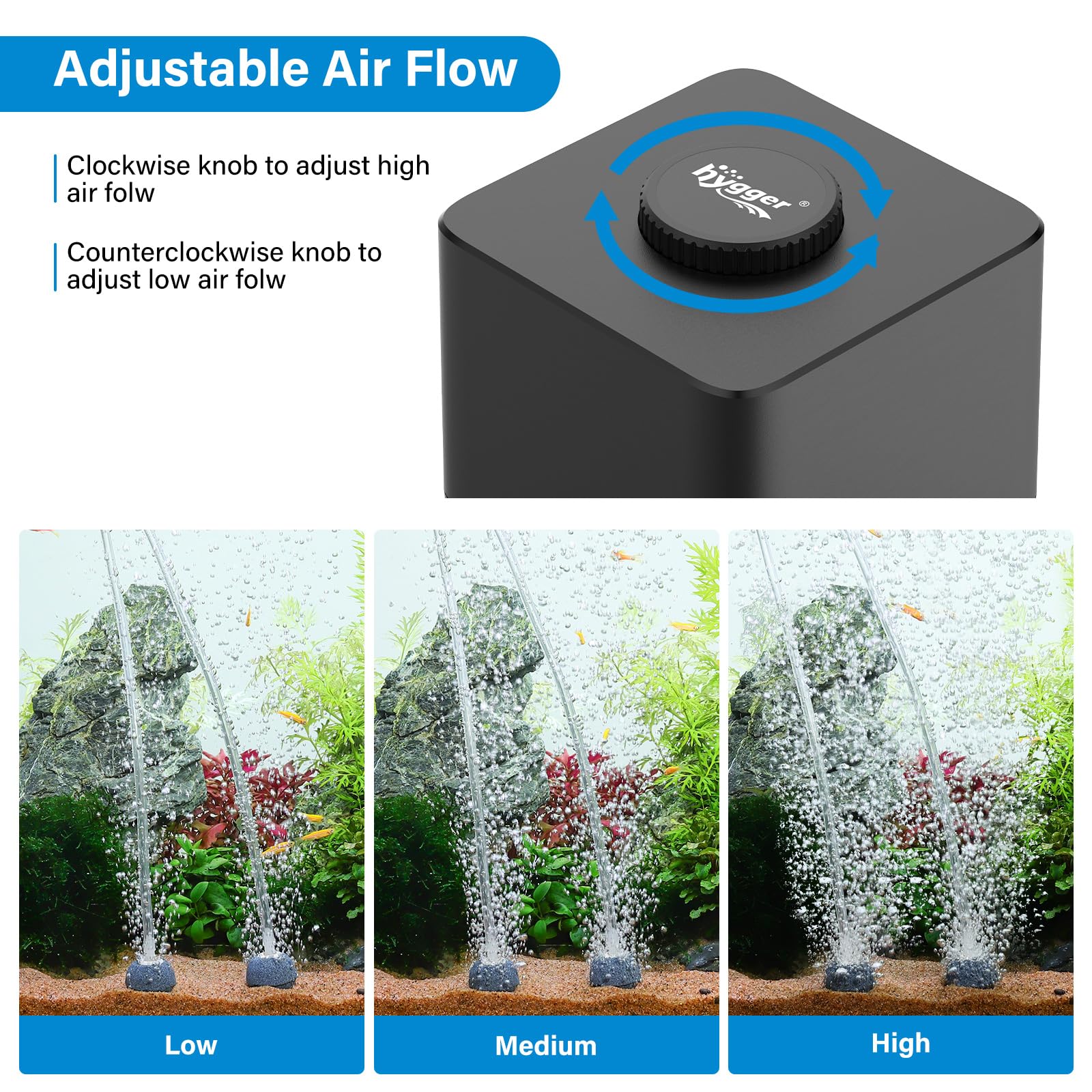 Hygger air pump with air stones included enhances bubble diffusion in tanks.