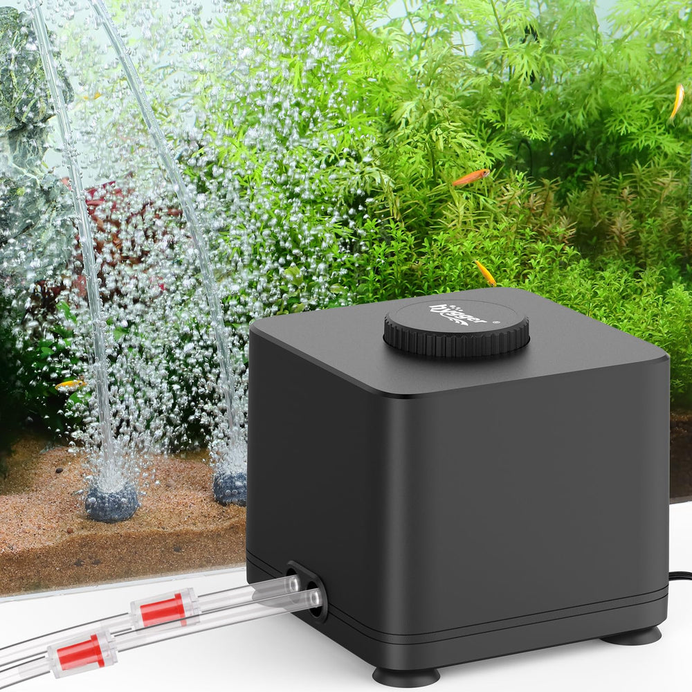 Hygger aquarium air pump with dual outlets delivering strong aeration.