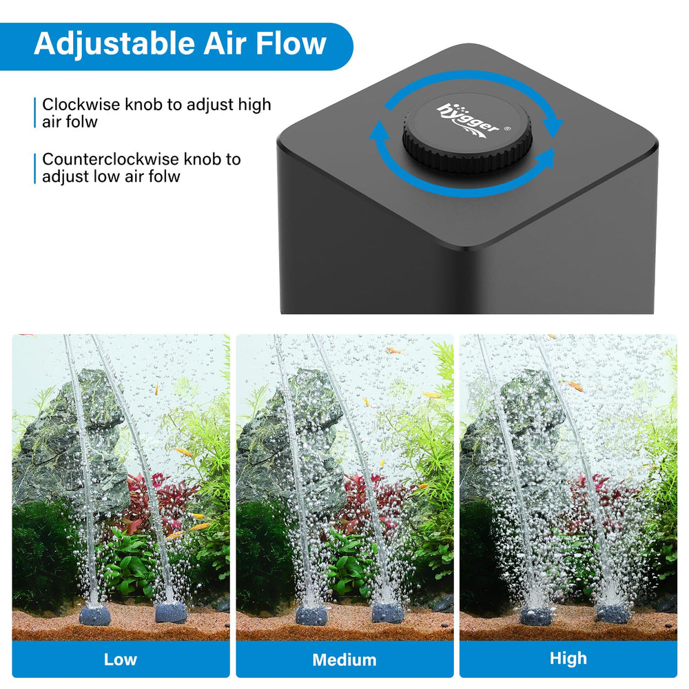 Hygger aquarium air pump quiet operation for bedrooms and living spaces.