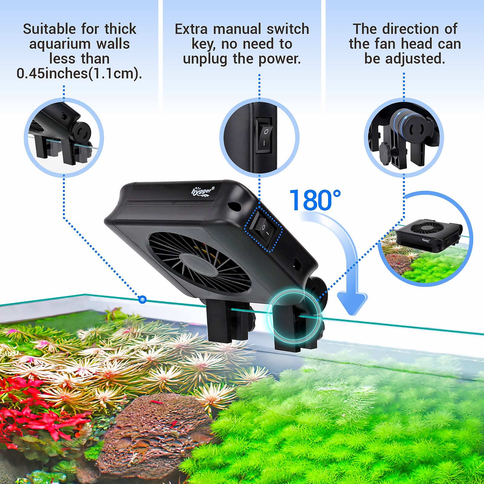 Adjustable-angle fan head allows precise airflow to your tank area.