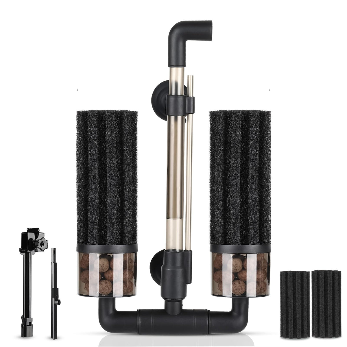 Hygger aquarium double sponge filter with extendable clip for versatile mounting and quick setup.
