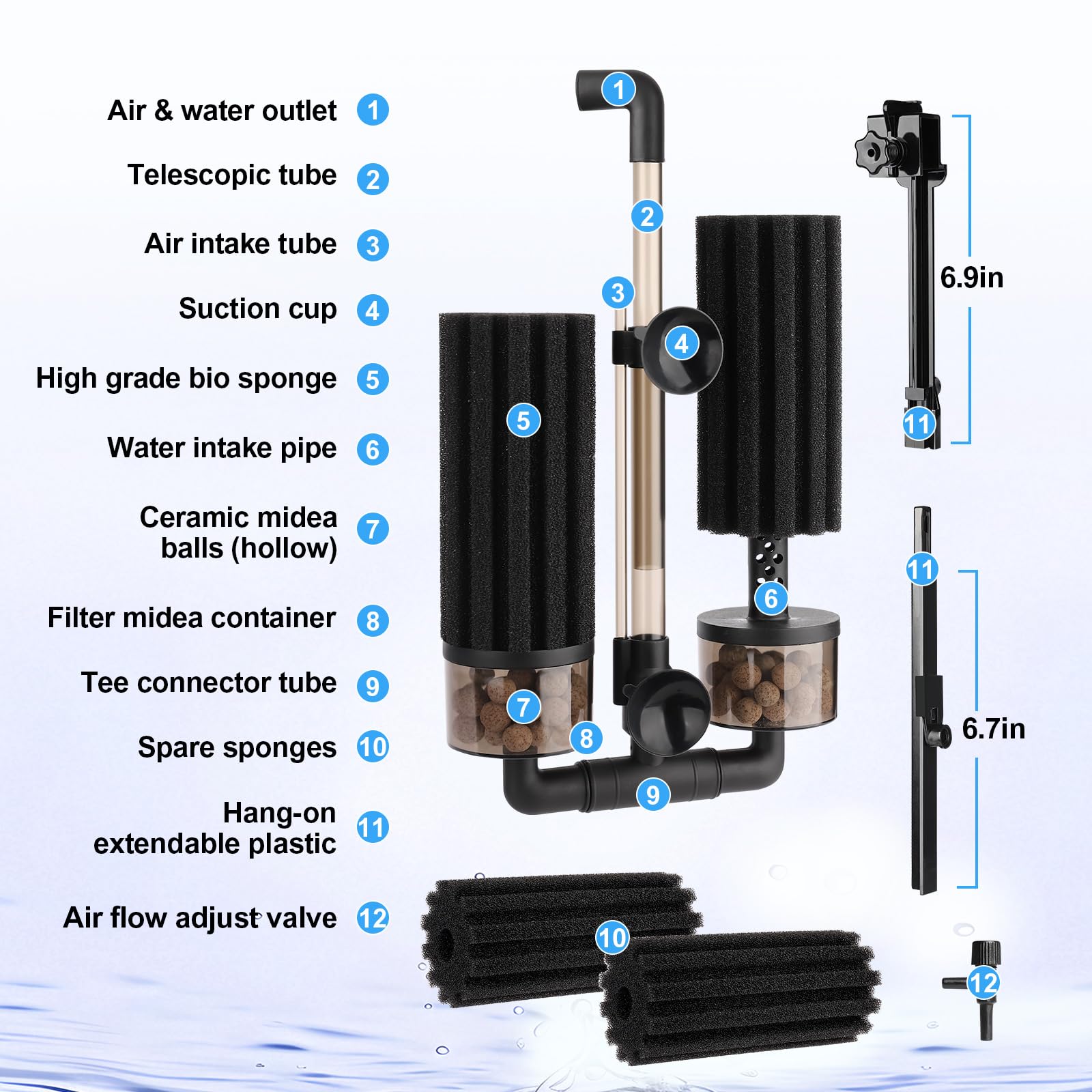 Hygger water outlet rotates for flexible directing and 360-degree bottom connector.