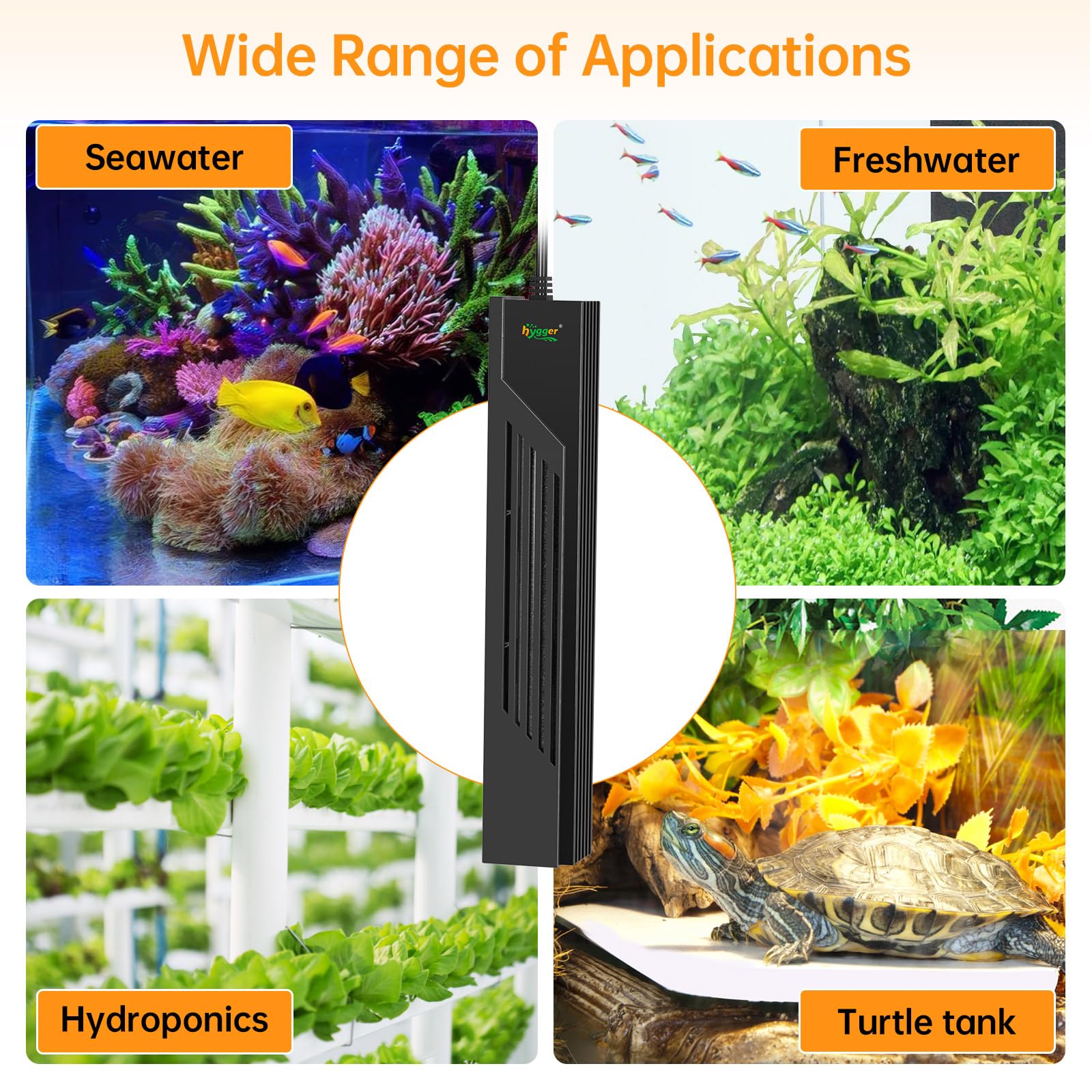 Hygger 200W accessories collage shows brackets and hook for flexible installation.